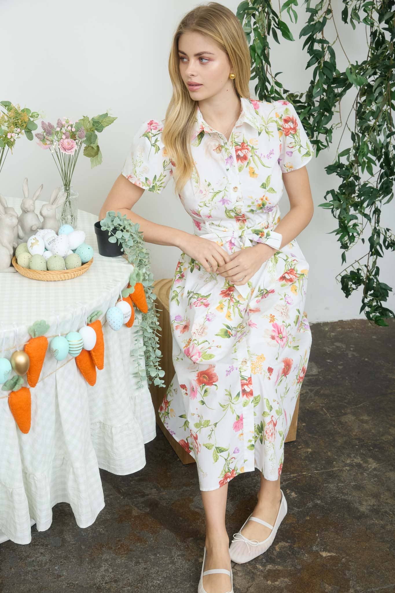 FLORAL SHORT SLEEVE BELTED MIDI SHIRT DRESS blue pepper