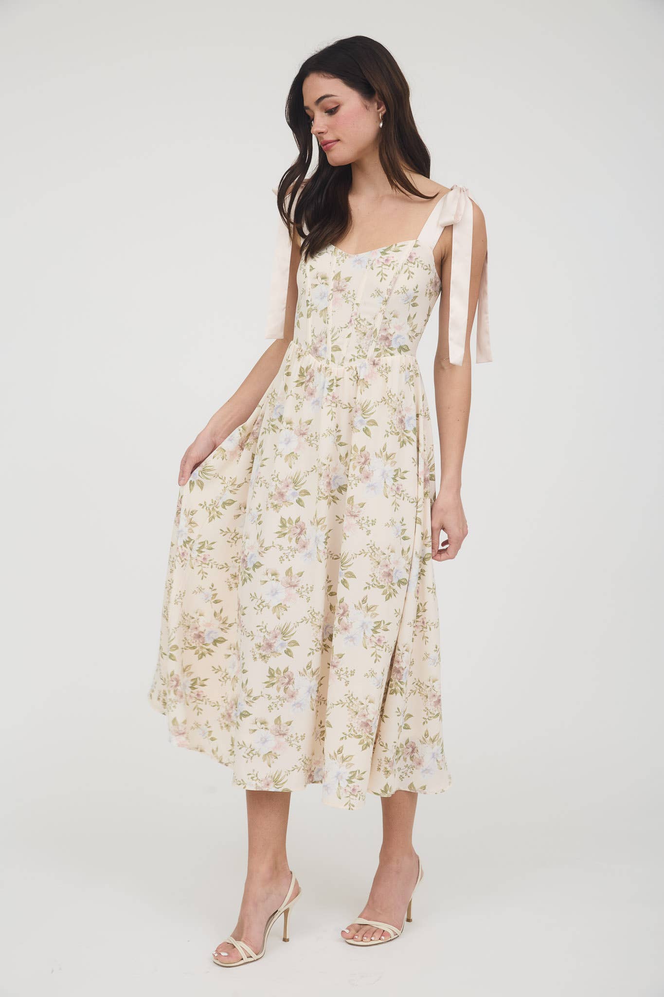 FLORAL CORSET DETAIL TIE STRAP MIDI DRESS