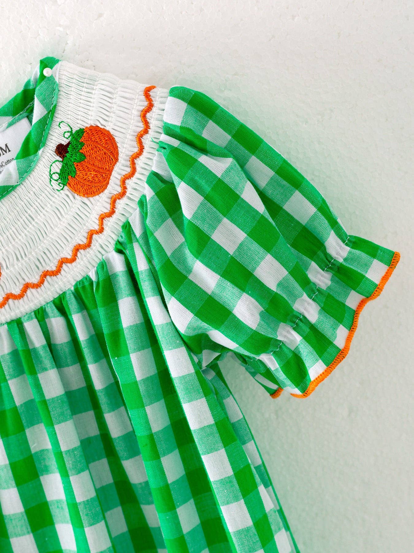 Pumpkin Green Baby Girls Woven Smocking Embroidered Plaid Romper