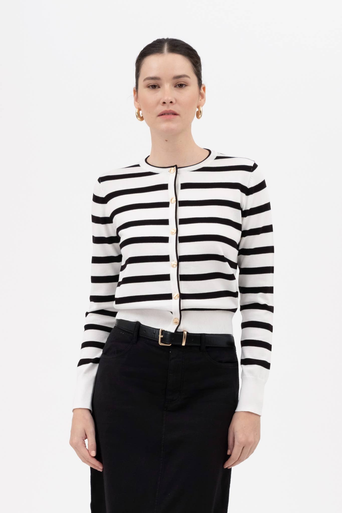 STRIPE ROUND NECK LONG SLEEVE BUTTON DOWN CARDIGAN: IVORY
