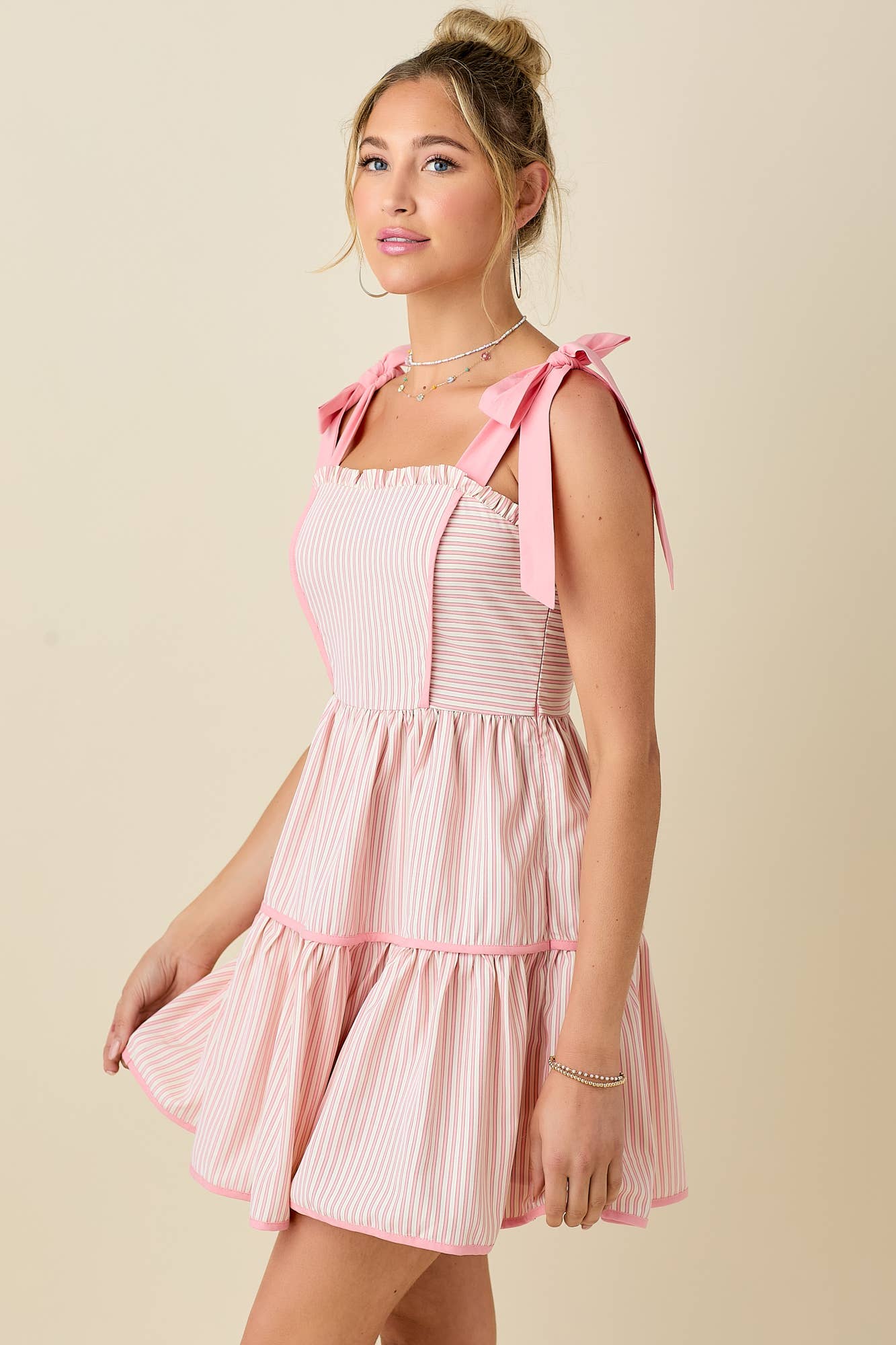 Stripe mini dress with ribbon shoulder strap