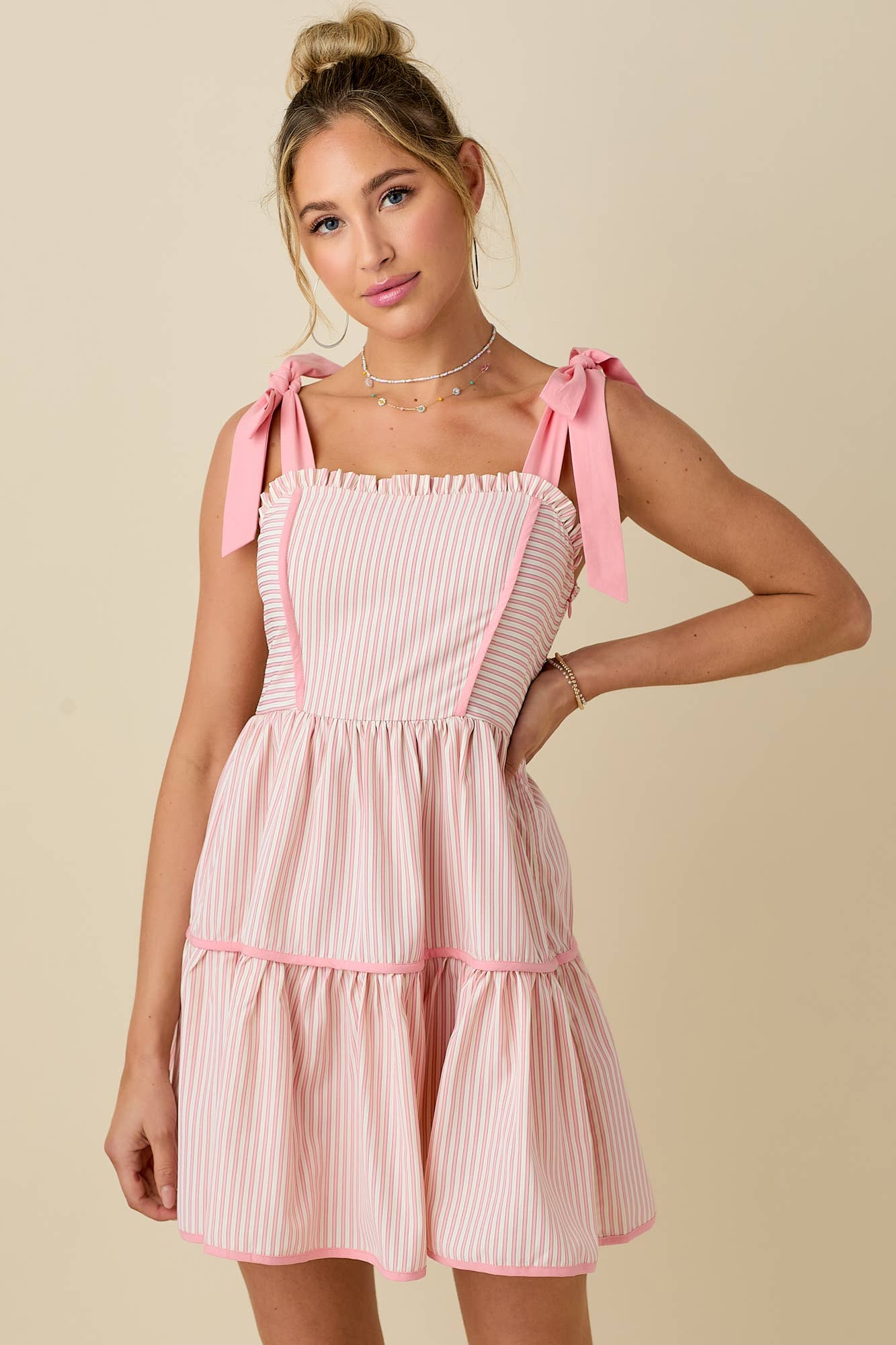 Stripe mini dress with ribbon shoulder strap