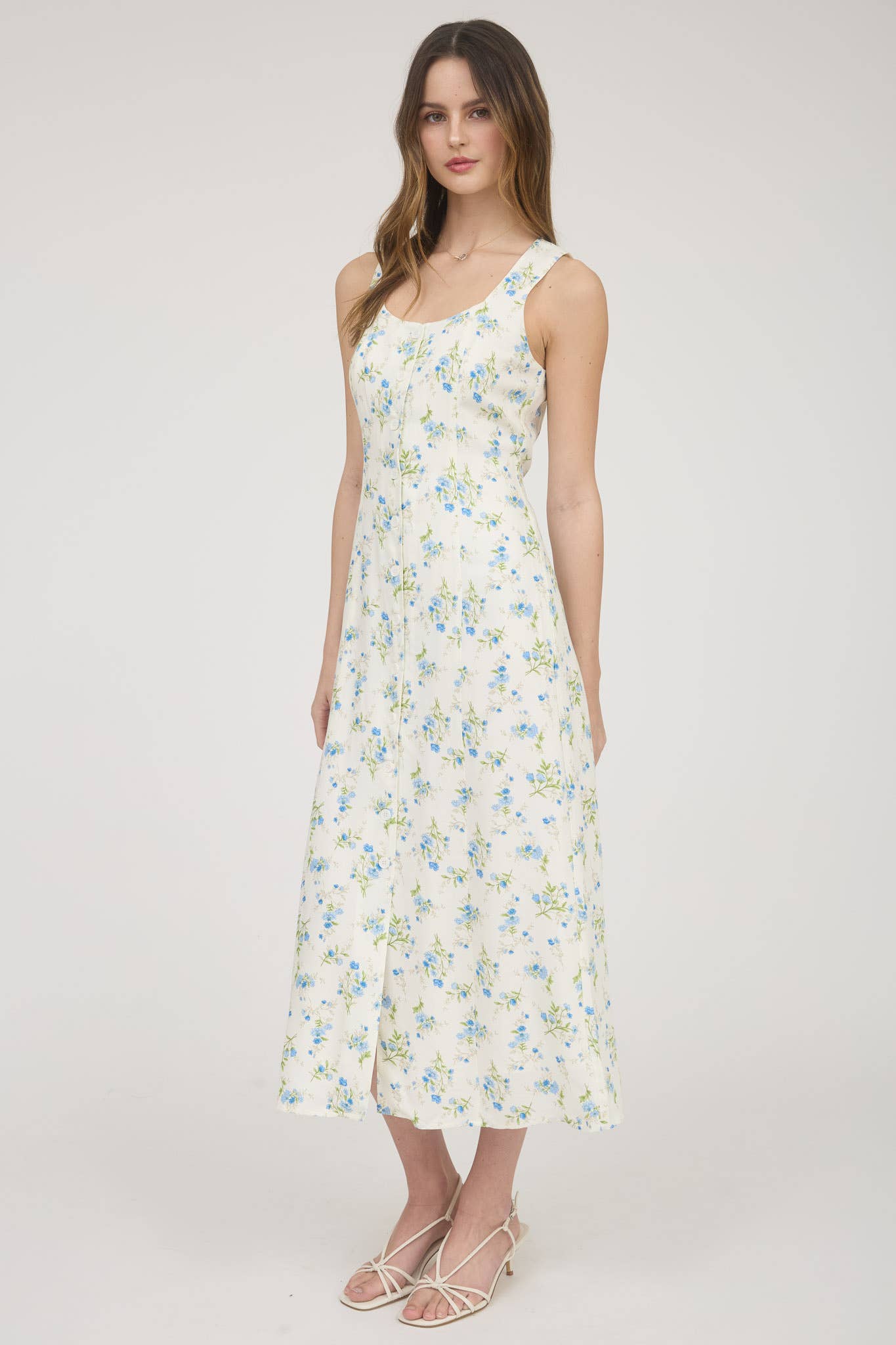 FLORAL SLEEVELESS BUTTON DOWN MIDI DRESS: IVORY MULTI