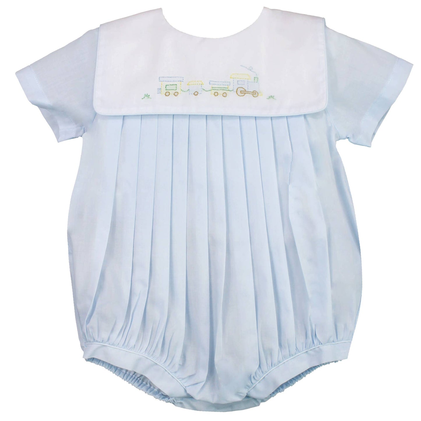 Baby boy Romper with Train Embroidery in Blue with bonnet