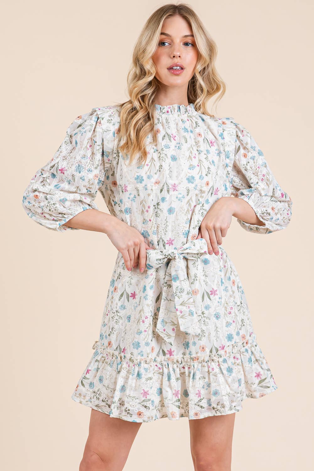 Floral Eyelet Lace Belted Mini Dress