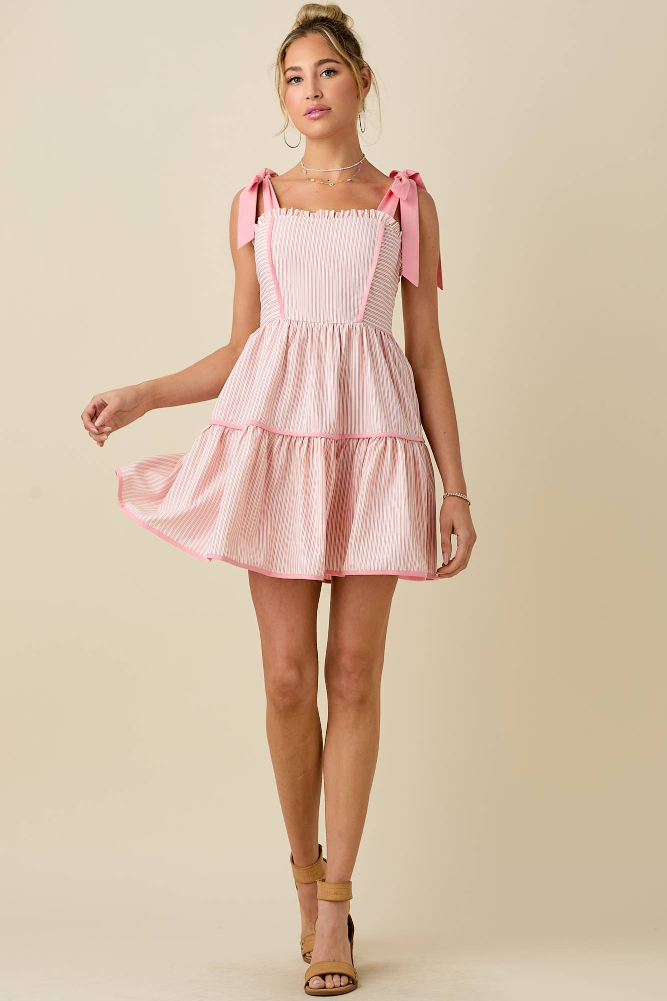 Stripe mini dress with ribbon shoulder strap