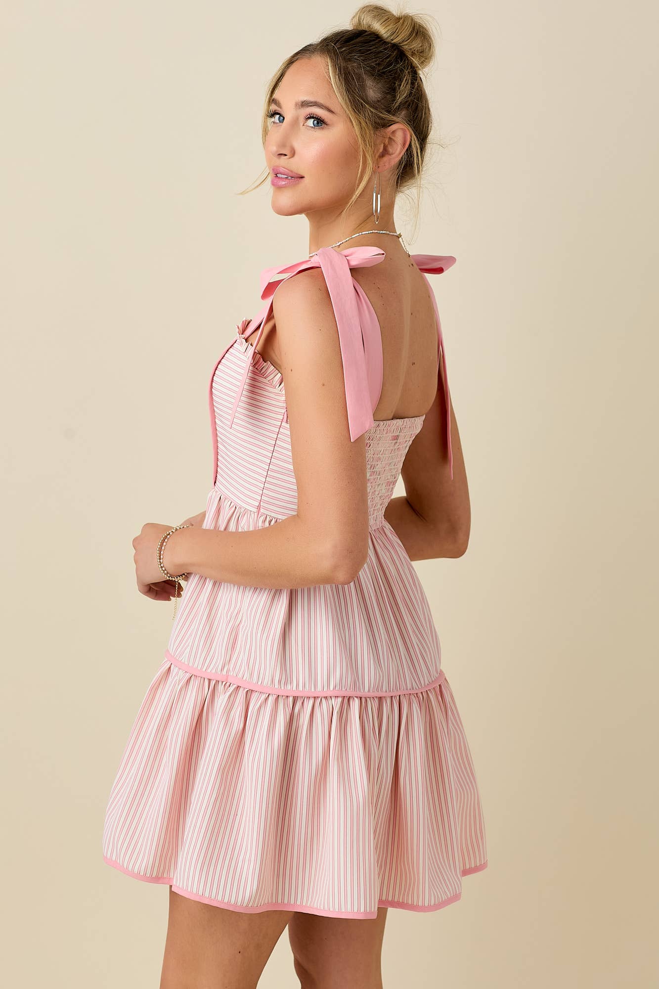 Stripe mini dress with ribbon shoulder strap