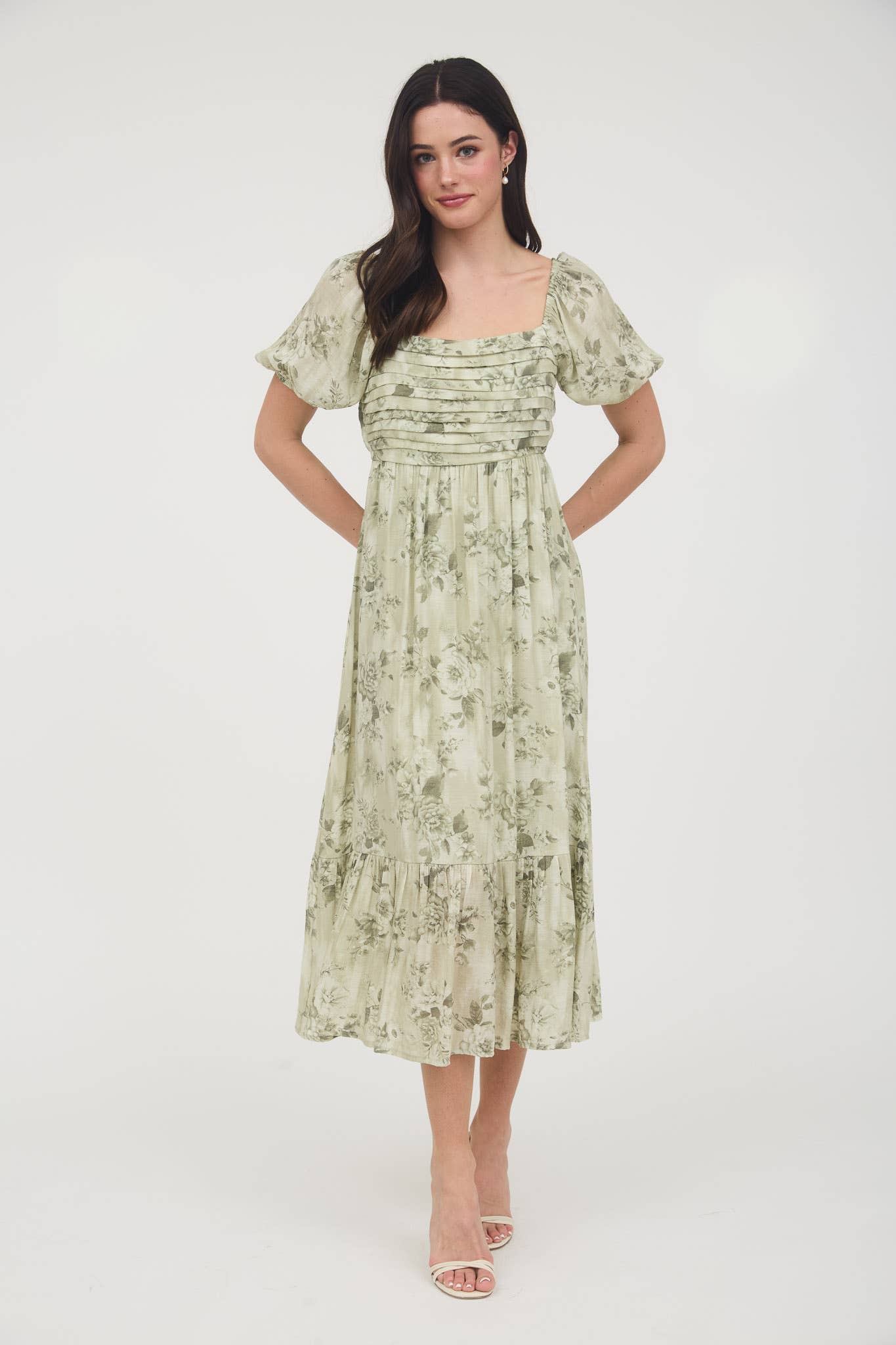 FLORAL PLEATED BALLOON SLEEVE MIDI DRESS: APRICOT MULTI