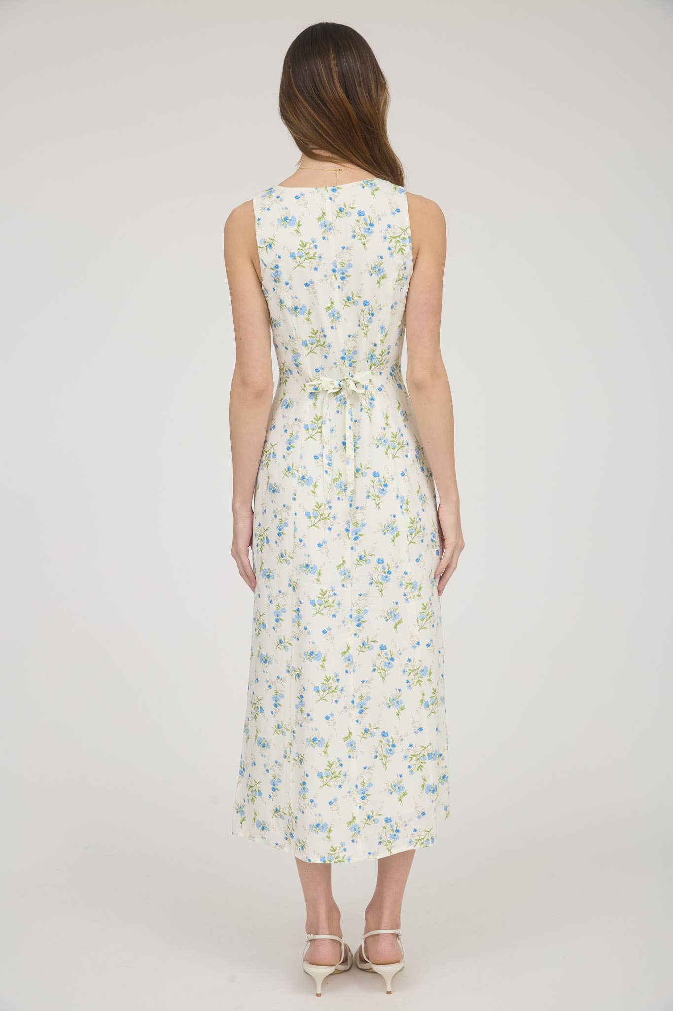 FLORAL SLEEVELESS BUTTON DOWN MIDI DRESS: IVORY MULTI