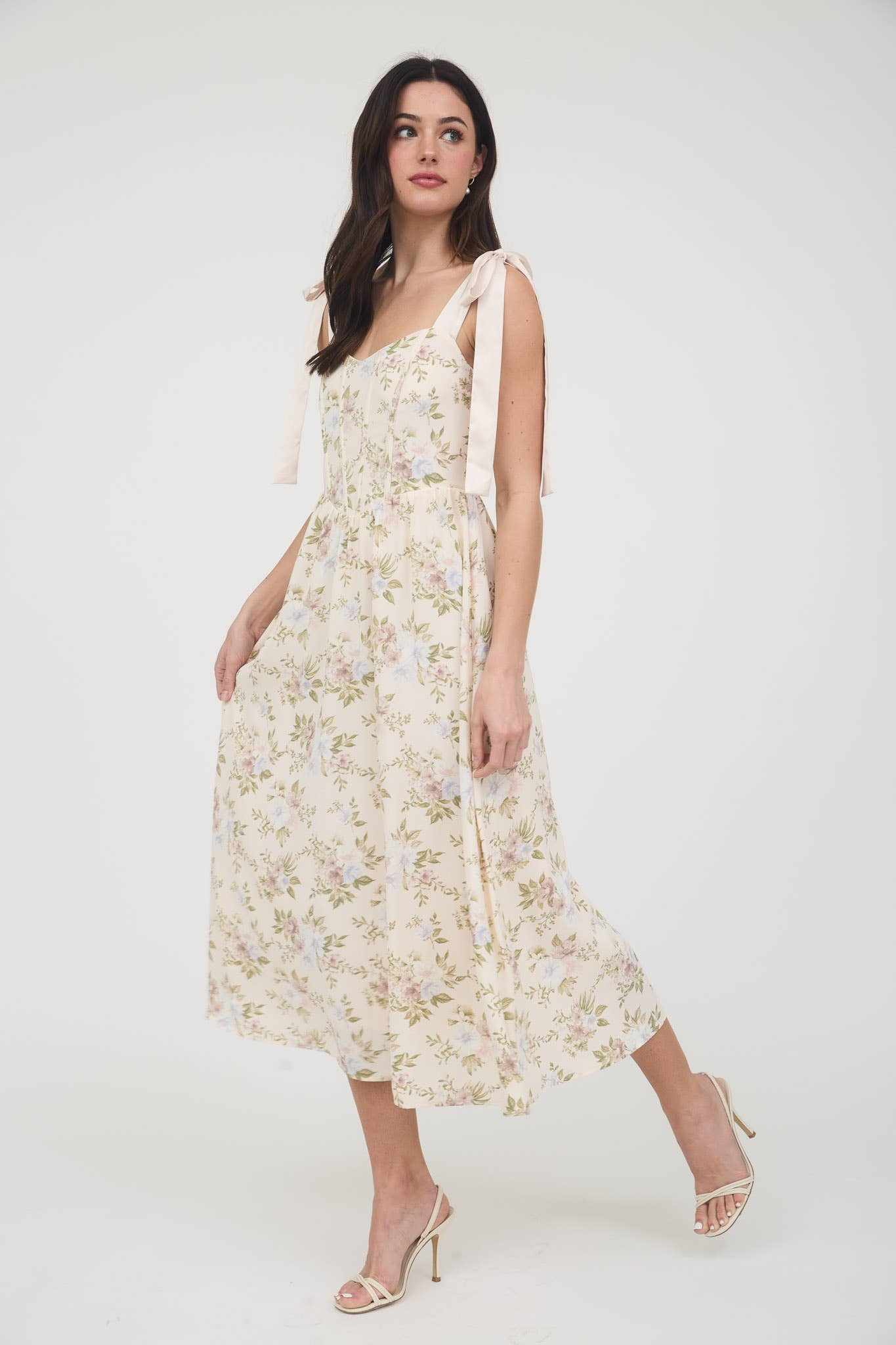 FLORAL CORSET DETAIL TIE STRAP MIDI DRESS