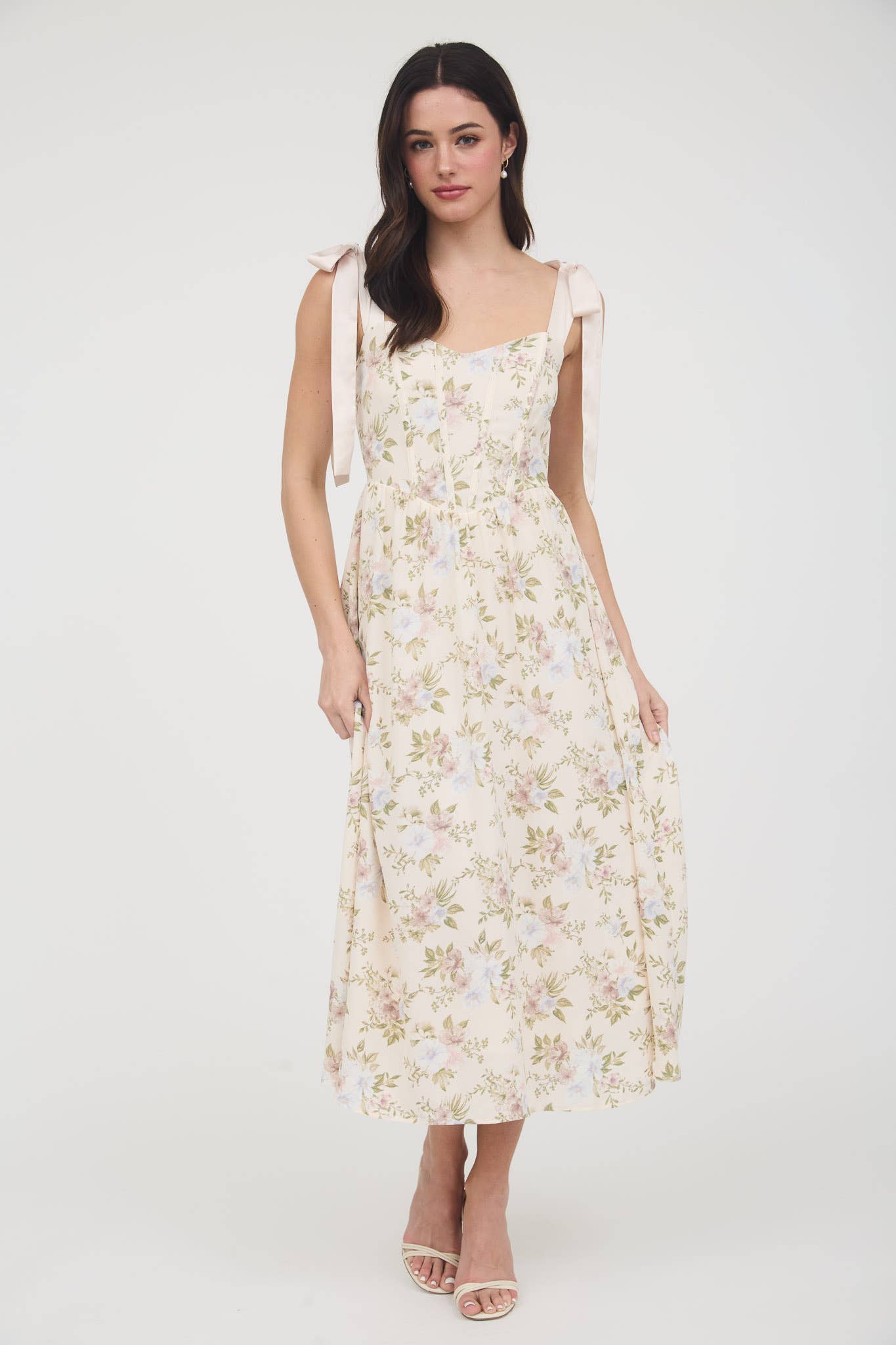 FLORAL CORSET DETAIL TIE STRAP MIDI DRESS
