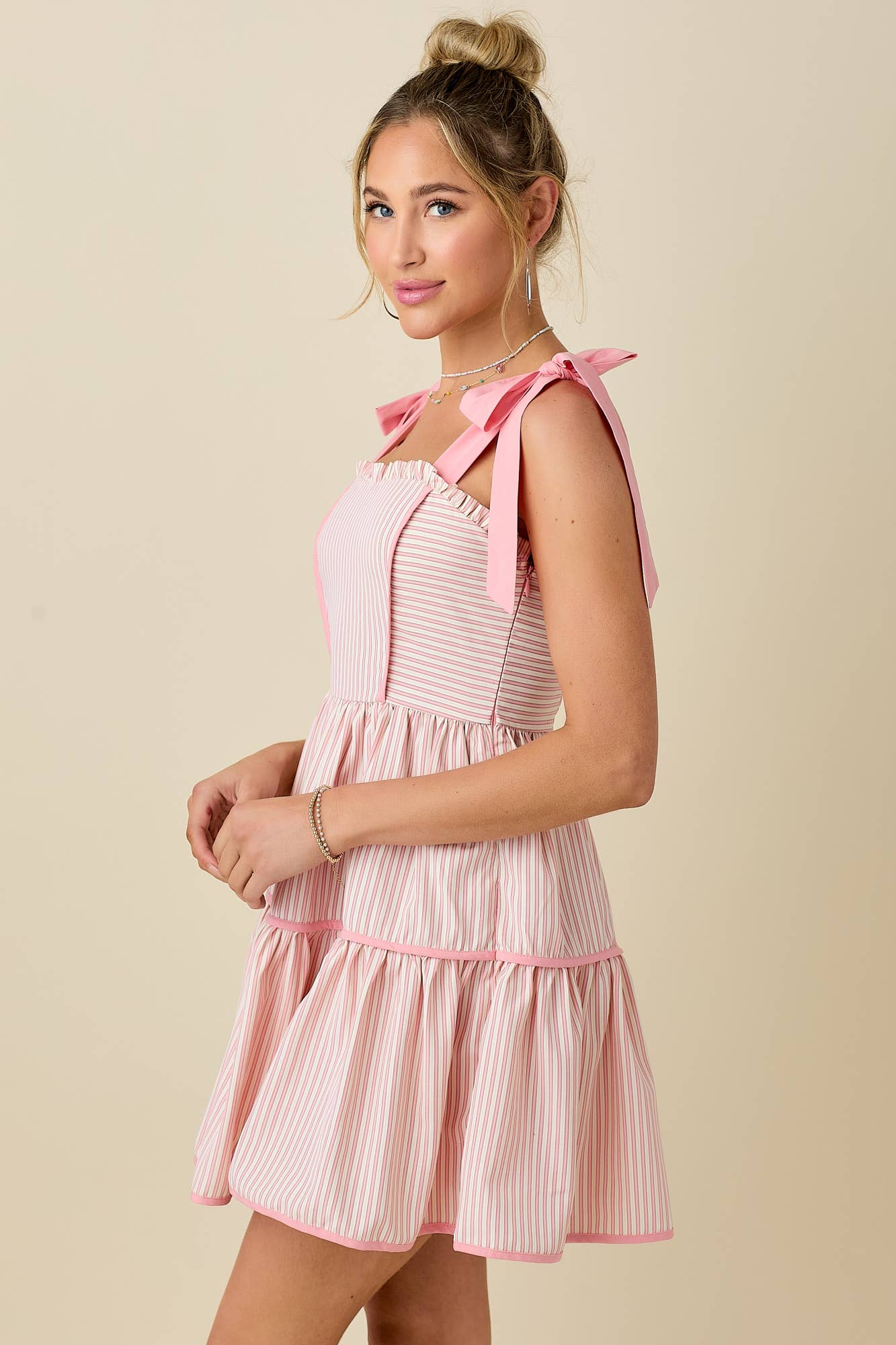 Stripe mini dress with ribbon shoulder strap