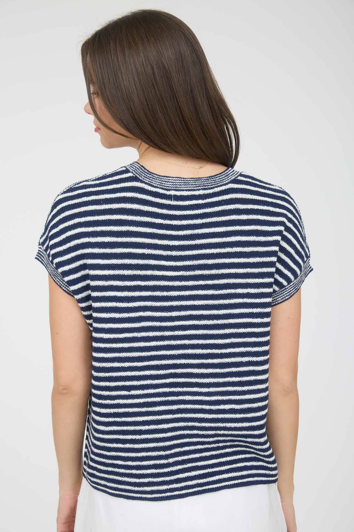 STRIPE POCKET DETAIL SHORT SLEEVE PULLOVER SWEATER: NAVY