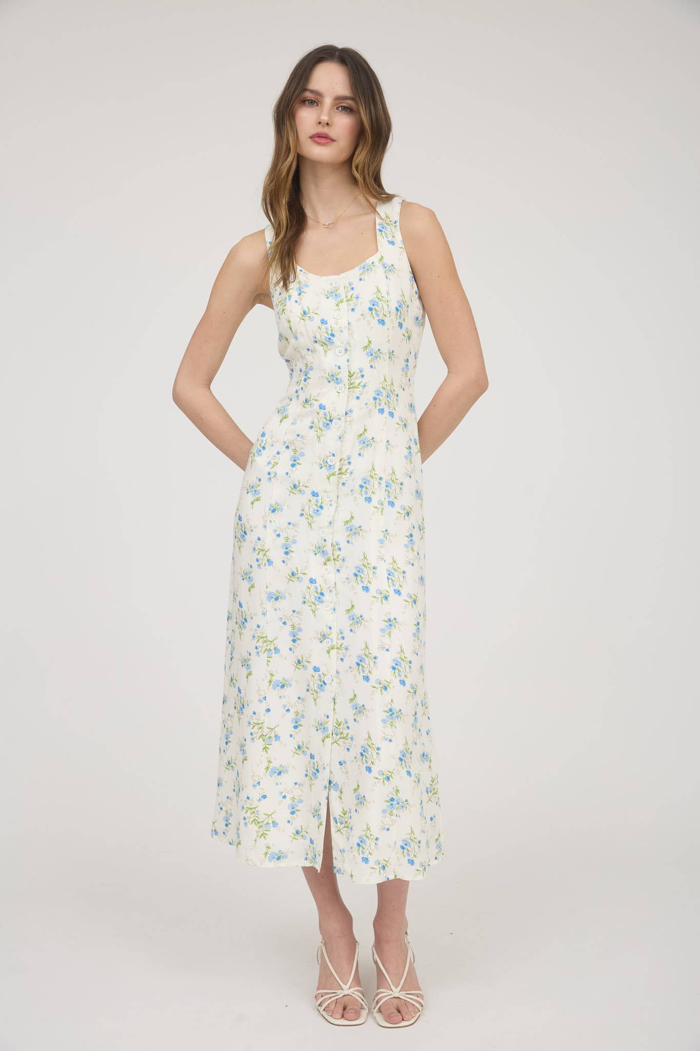 FLORAL SLEEVELESS BUTTON DOWN MIDI DRESS: IVORY MULTI