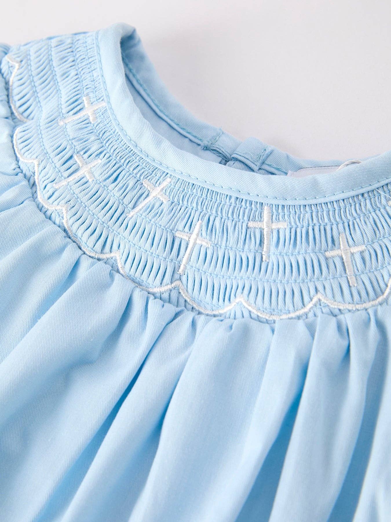Girls Cross Smocking Embroidered Blue Romper