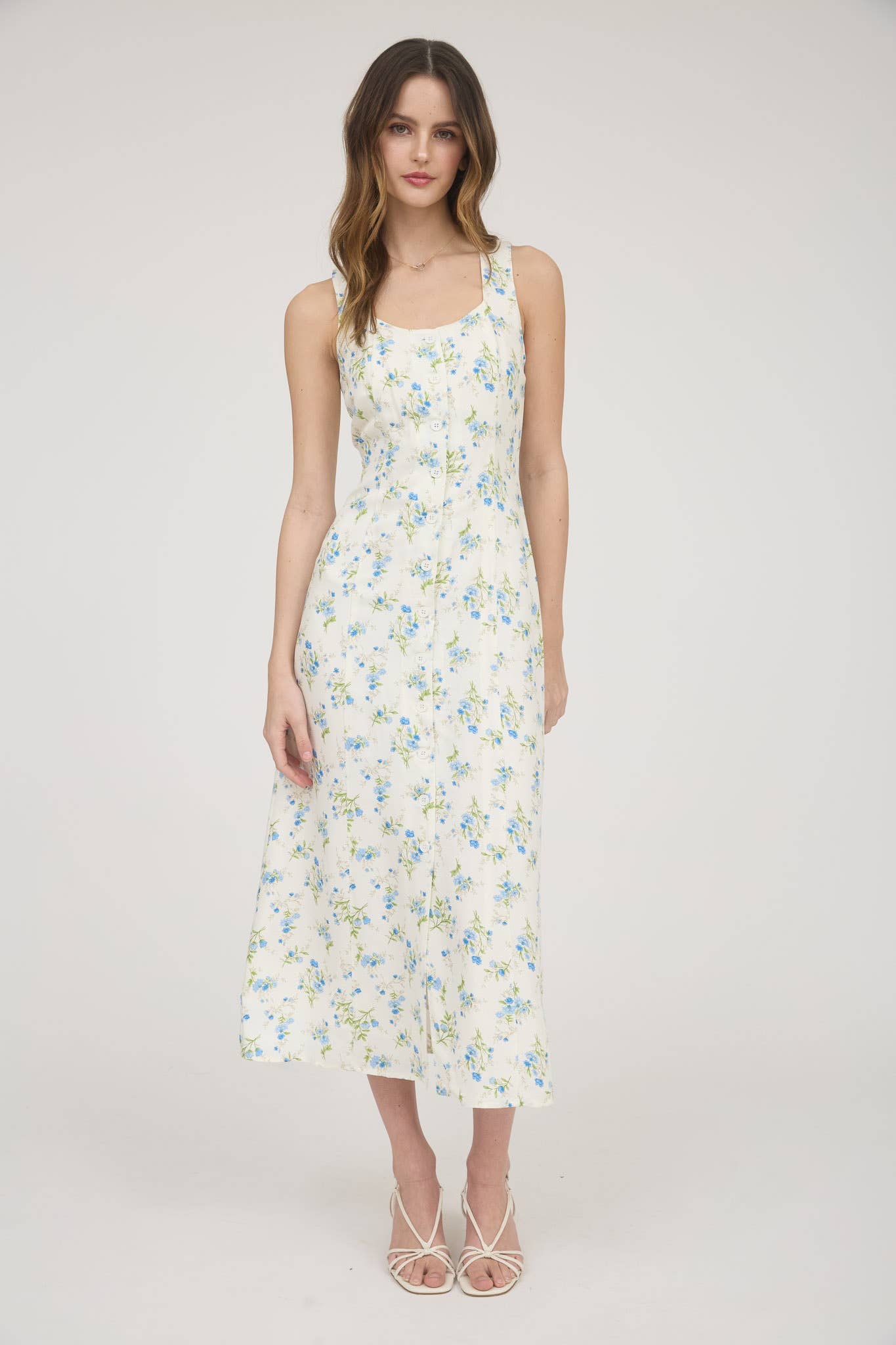 FLORAL SLEEVELESS BUTTON DOWN MIDI DRESS: IVORY MULTI