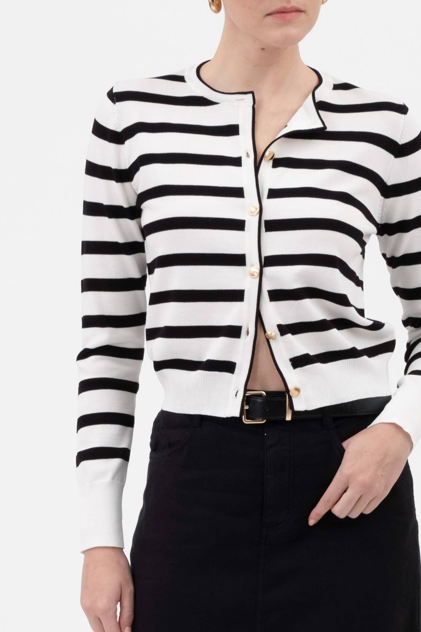 STRIPE ROUND NECK LONG SLEEVE BUTTON DOWN CARDIGAN: IVORY