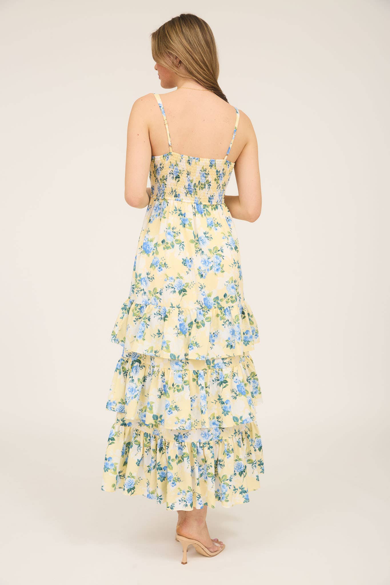 FLORAL SLEEVELESS RUFFLE TIERED HEM MIDI DRESS: YELLOW MULTI
