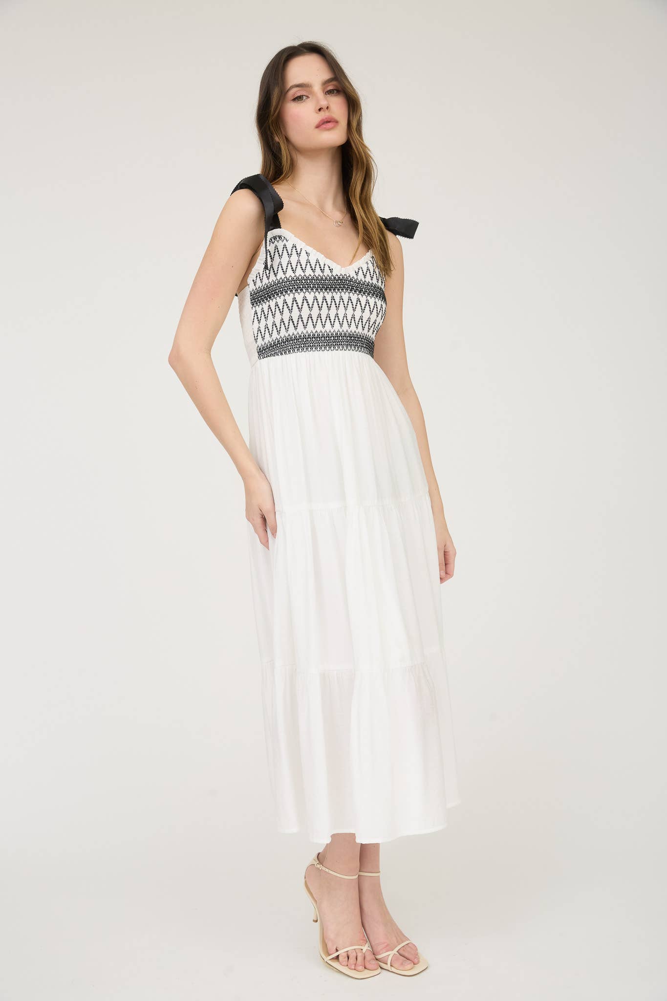 EMBROIDERED DETAIL RIBBON STRAP TIERED MAXI DRESS WHITE