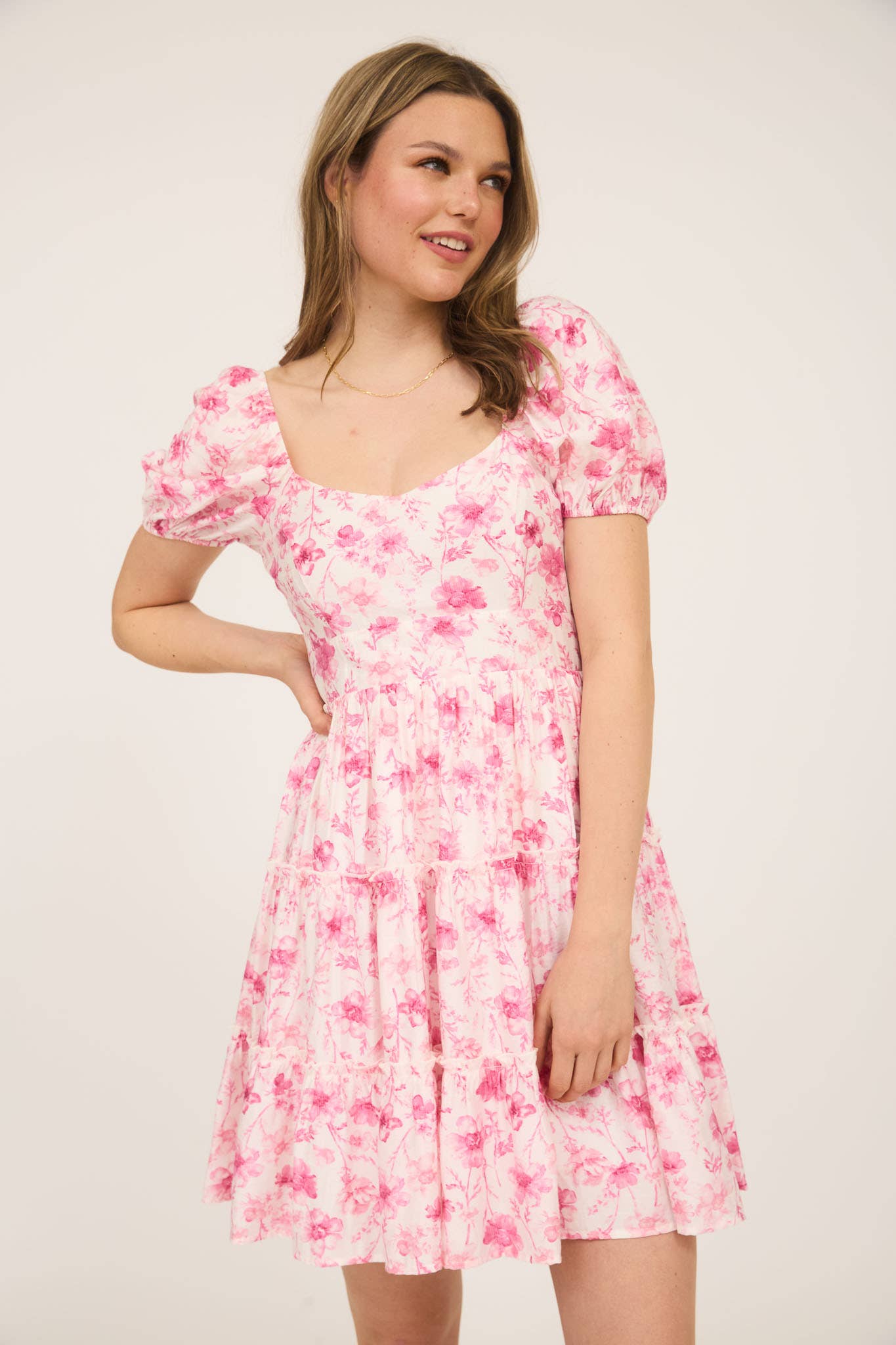 FLORAL OPEN BACK WITH TIE TIERED MINI DRESS: PINK