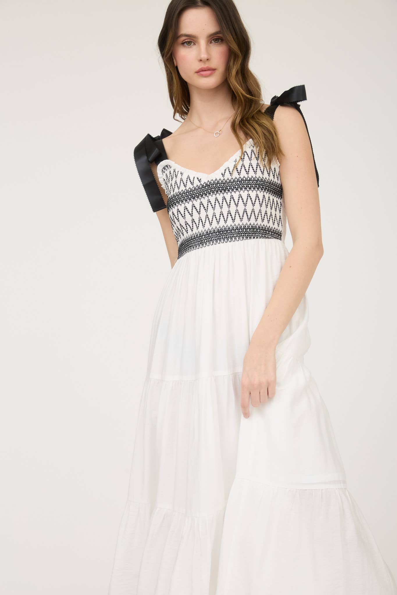 EMBROIDERED DETAIL RIBBON STRAP TIERED MAXI DRESS WHITE