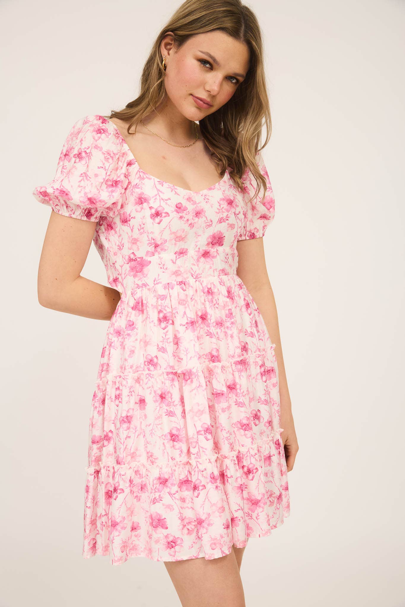 FLORAL OPEN BACK WITH TIE TIERED MINI DRESS: PINK