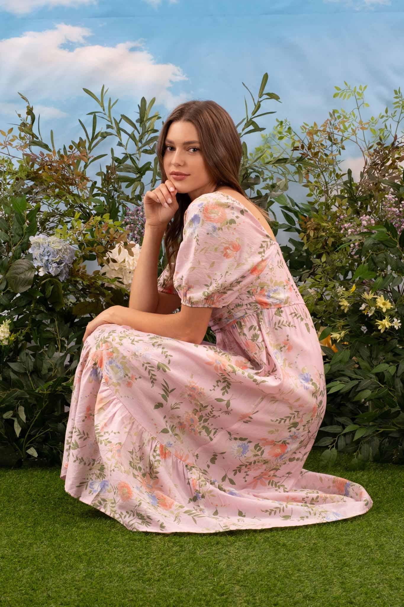 FLORAL PLEATED FRONT BALLOON SLEEVE MIDI DRESS
