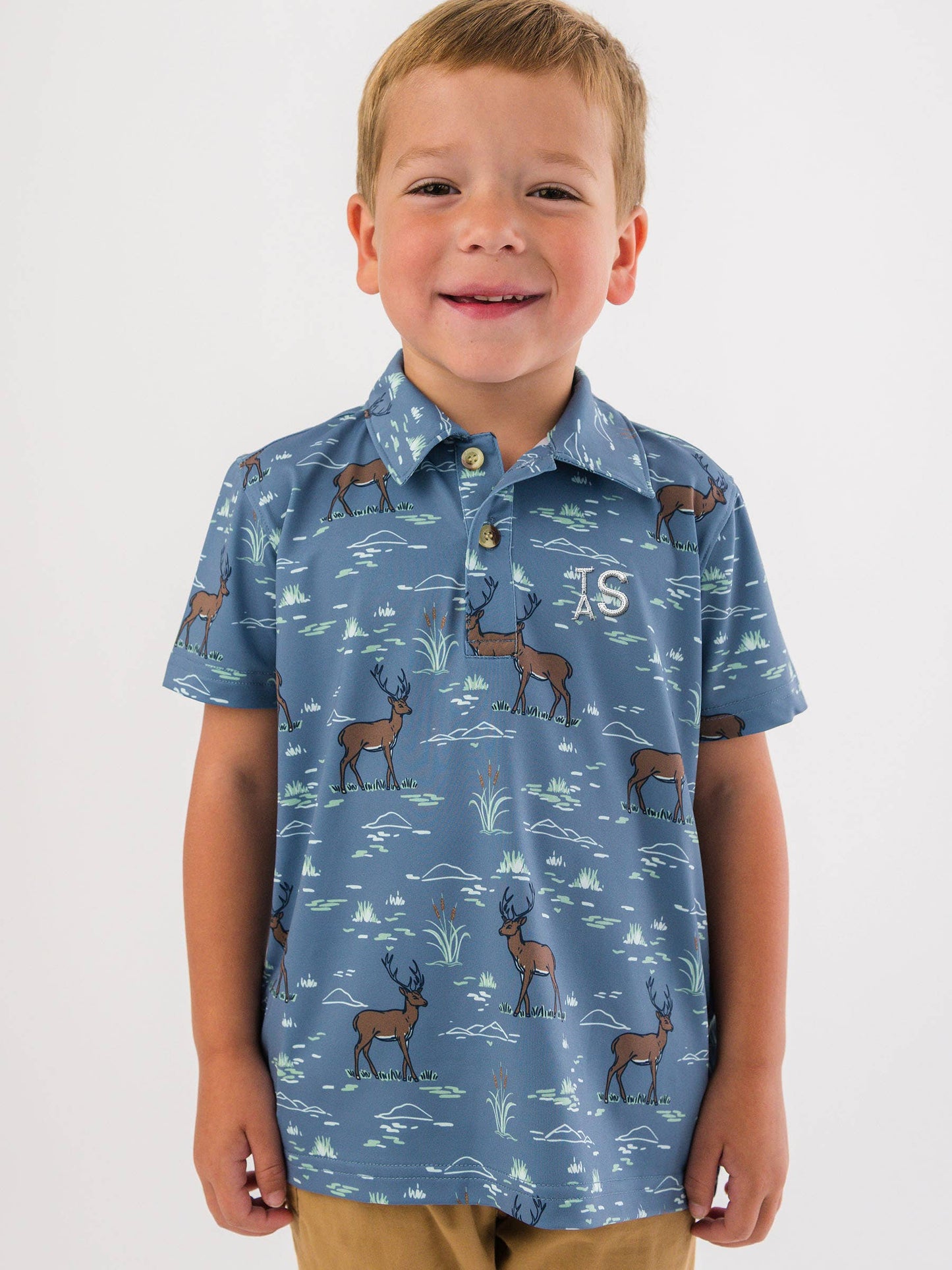 Boys Deer Antler Adventure Knit Short Sleeve Performance Polo
: Blue