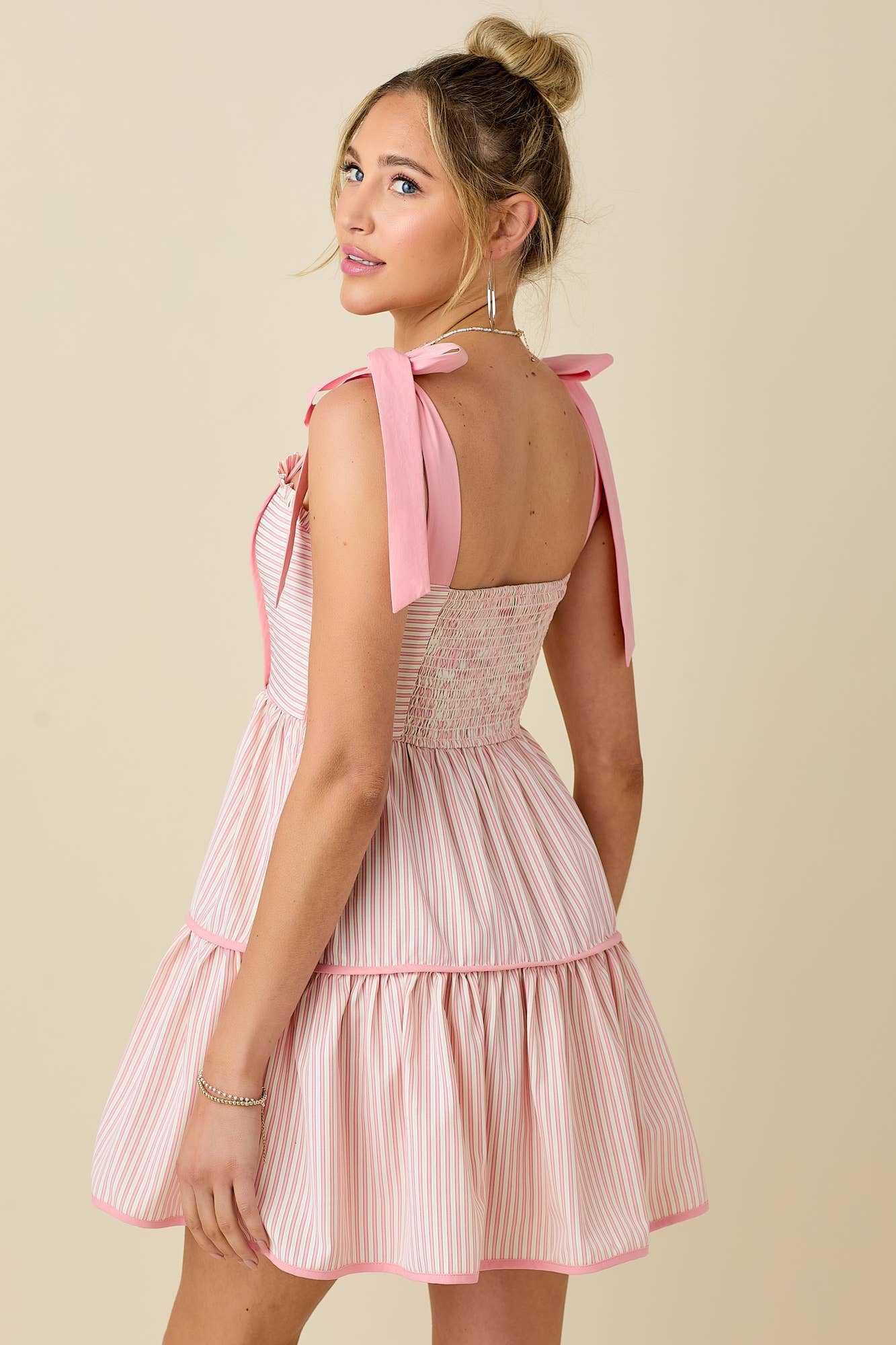 Stripe mini dress with ribbon shoulder strap