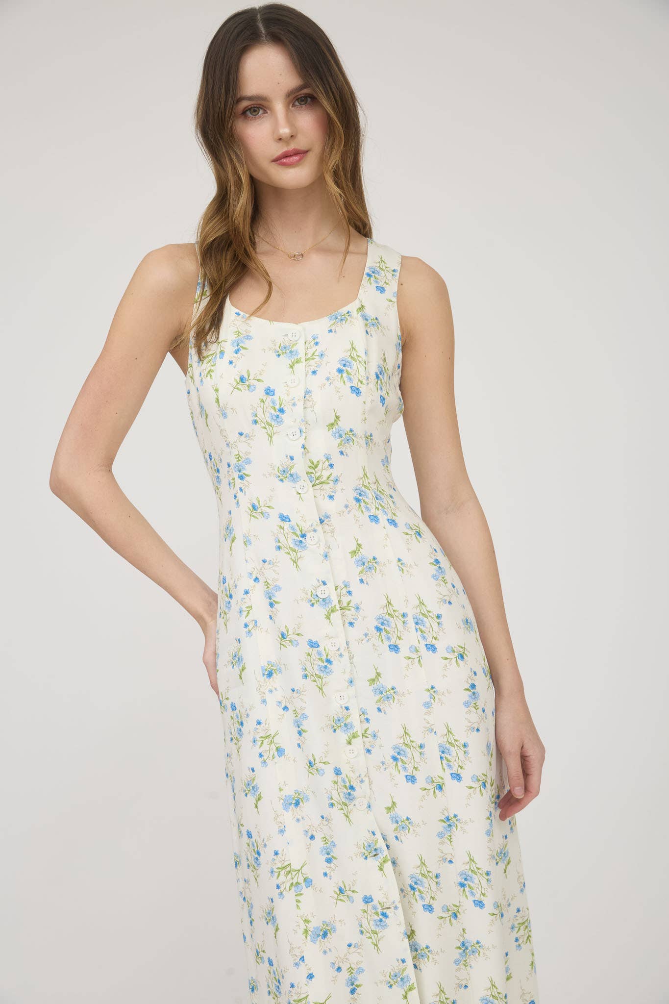 FLORAL SLEEVELESS BUTTON DOWN MIDI DRESS: IVORY MULTI