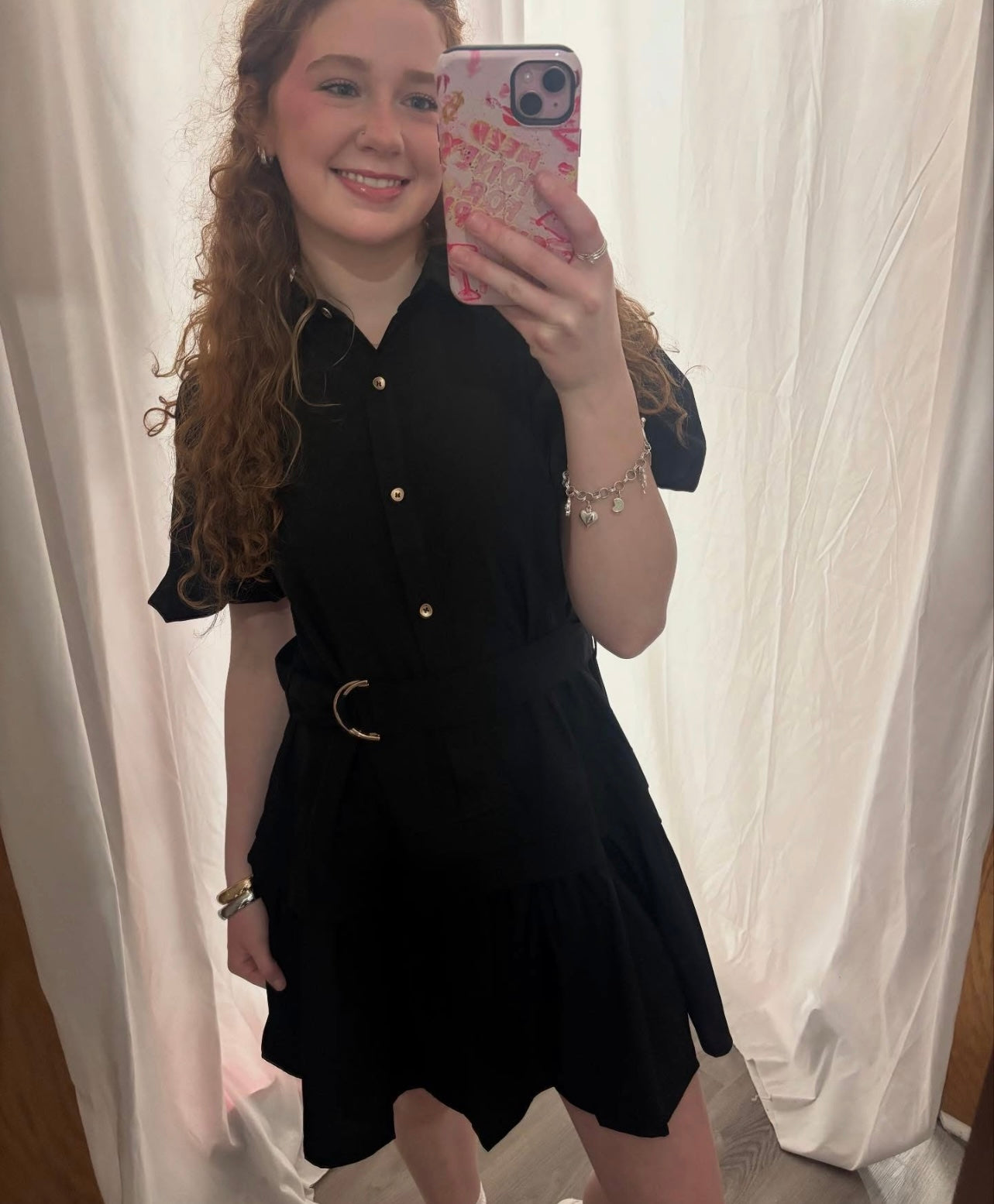 Button down black dress gold belt