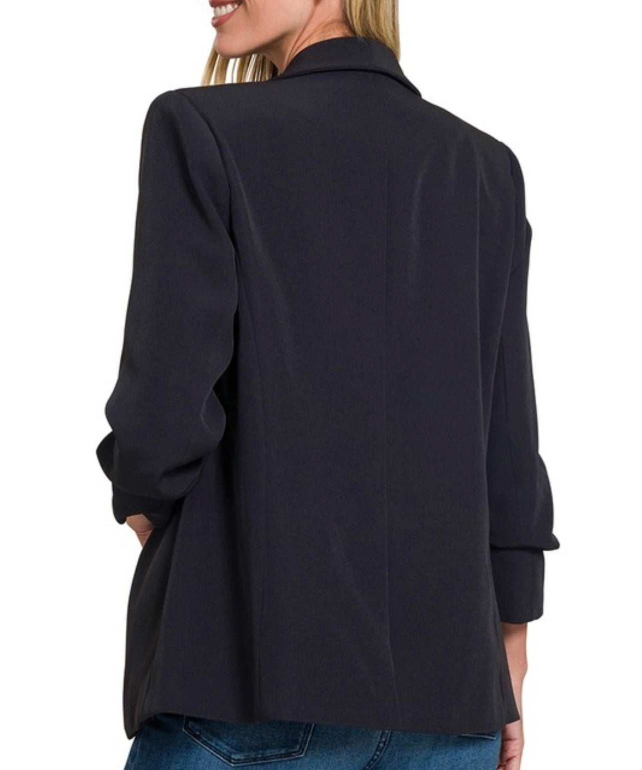 Open front black classic blazer 3/4 sleeve
