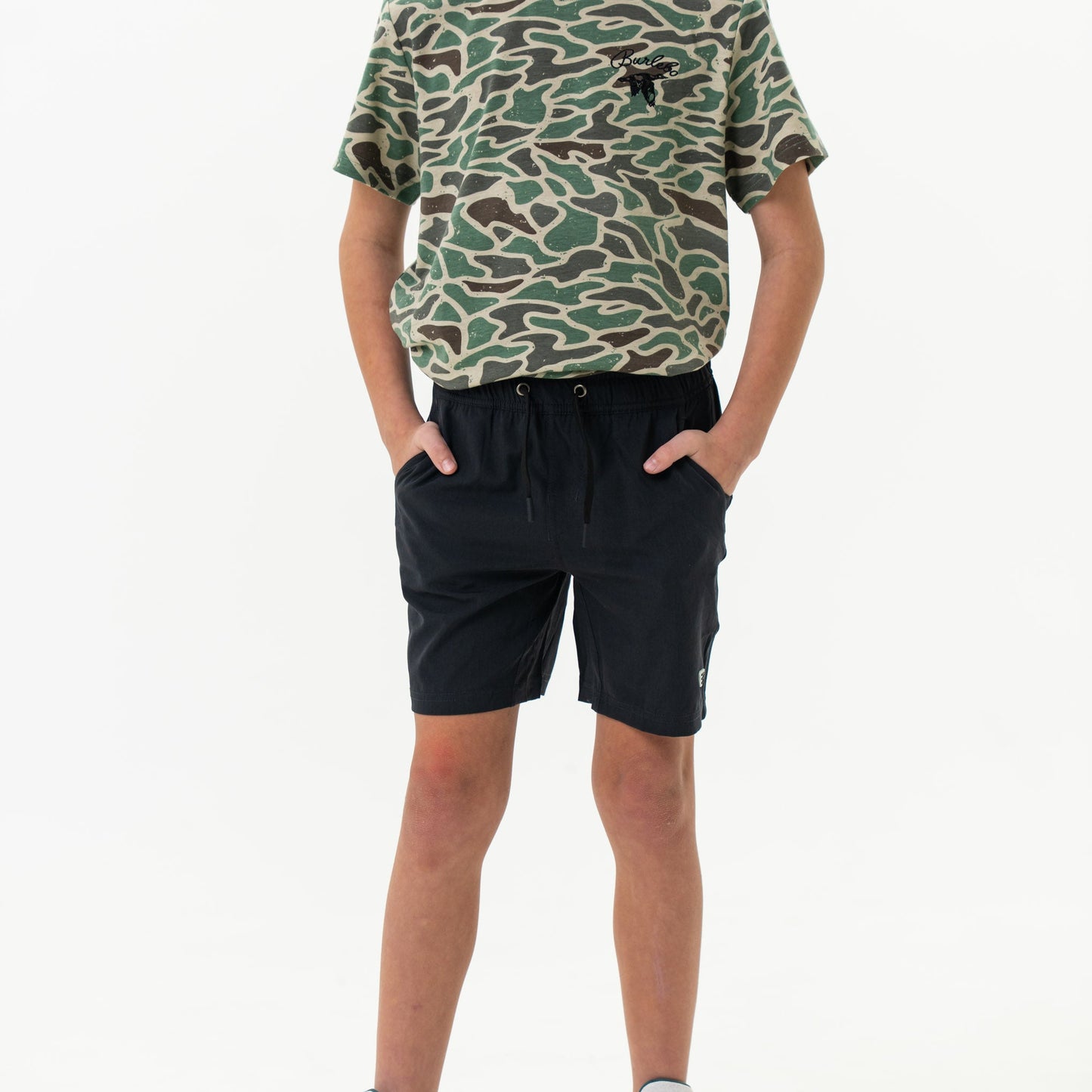Burlebo Youth Athletic Short - Heather Black - Retro Duck Camo Liner