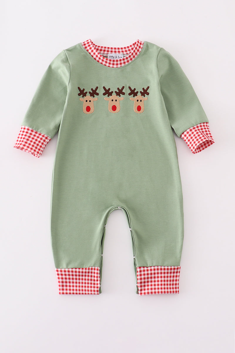 Green reindeer embroidery romper