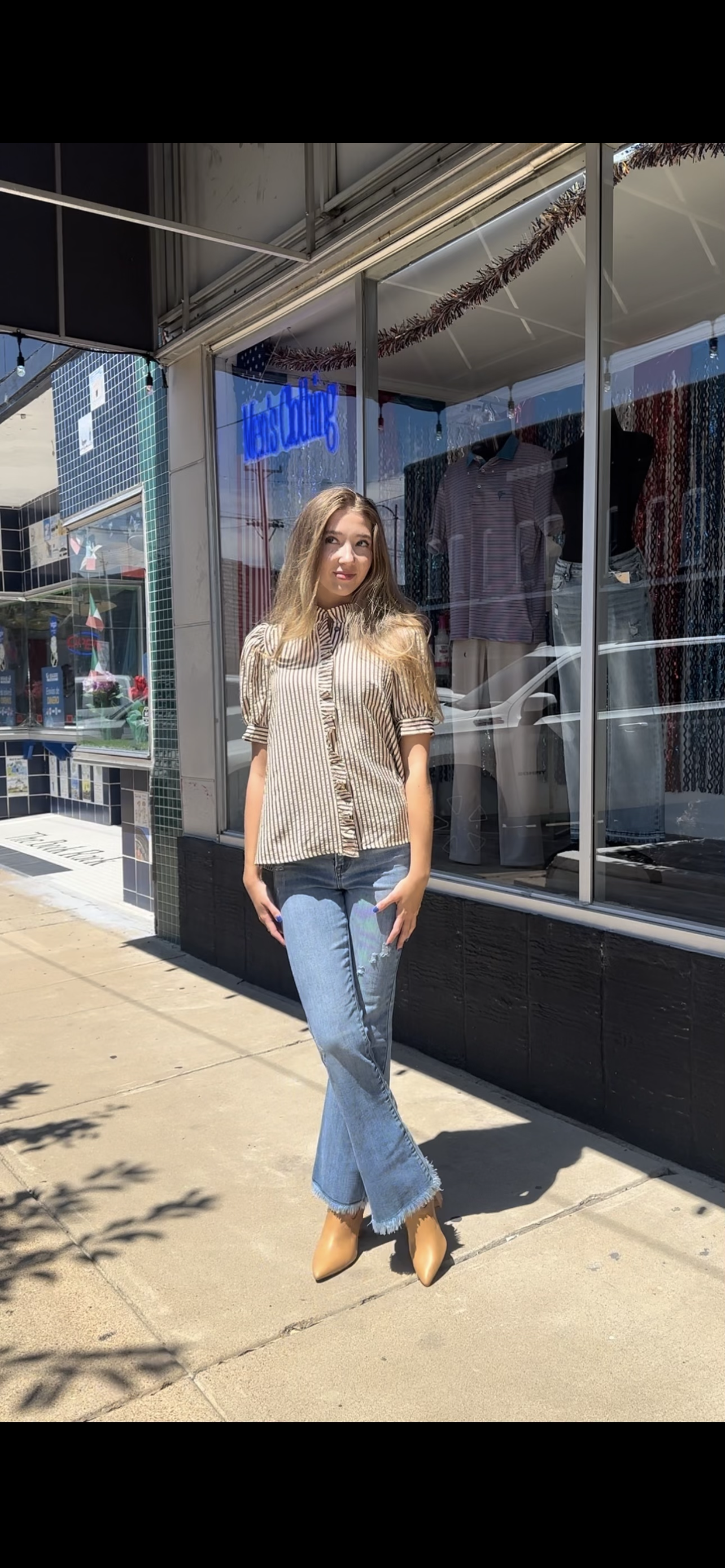 Entro brown ruffle button down