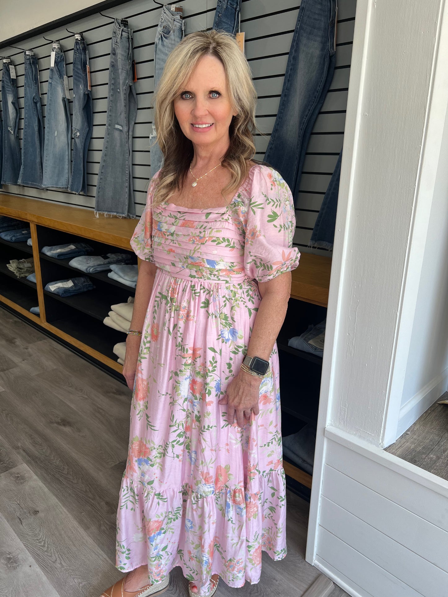 FLORAL PLEATED FRONT BALLOON SLEEVE MIDI DRESS