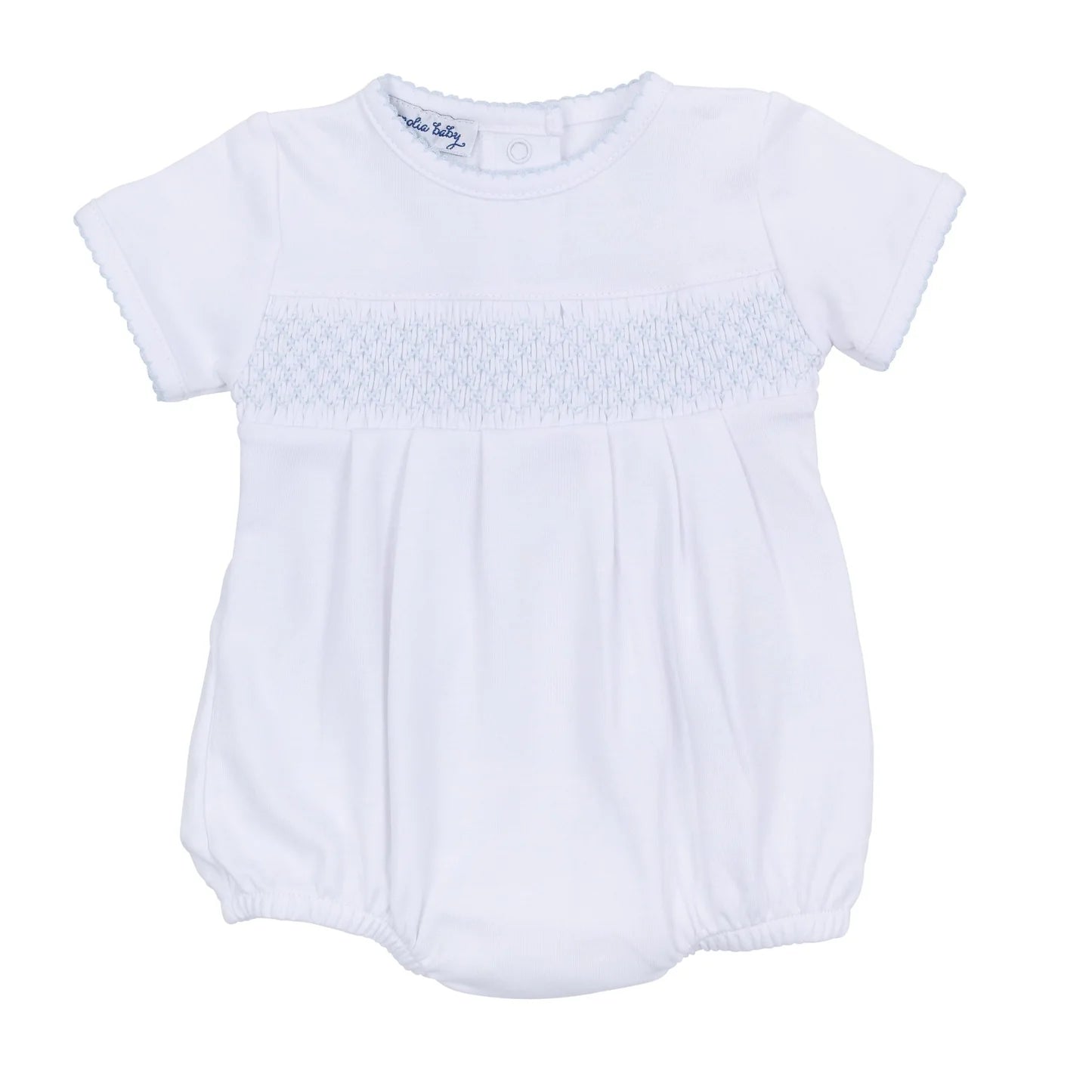 Essentials Solid Smocked Bubble - White Blue magnolia baby