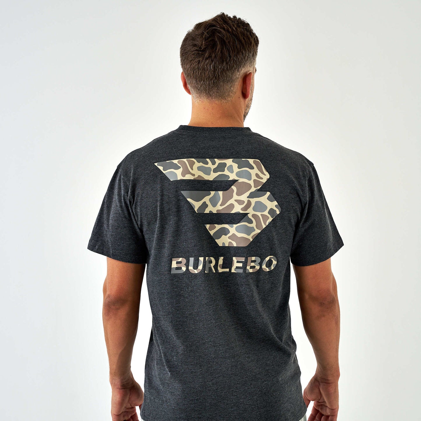Burlebo Adult SS Tee - Flying B Deer Camo Logo - Heather Black