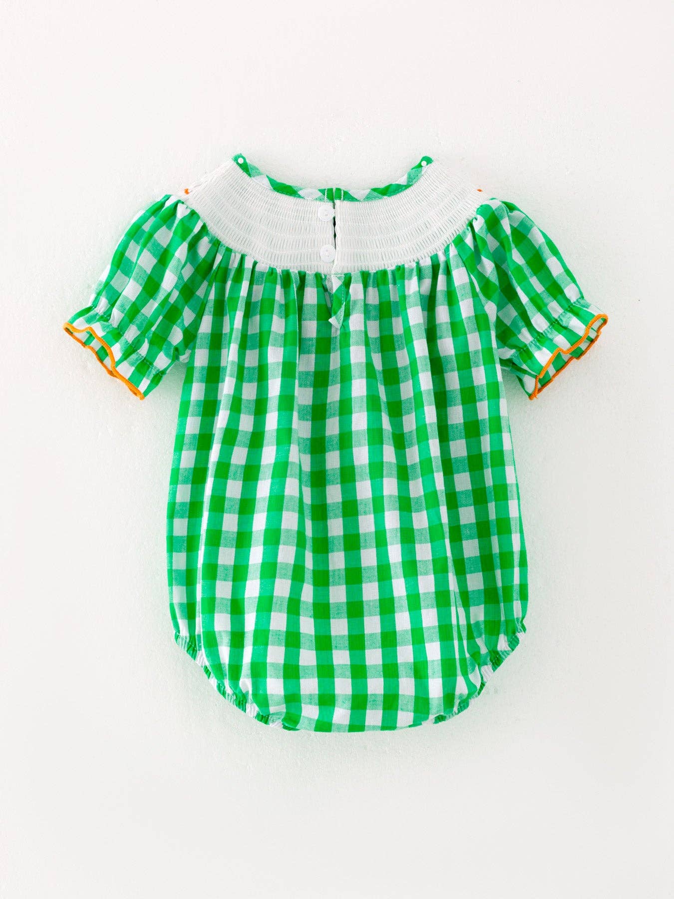Pumpkin Green Baby Girls Woven Smocking Embroidered Plaid Romper