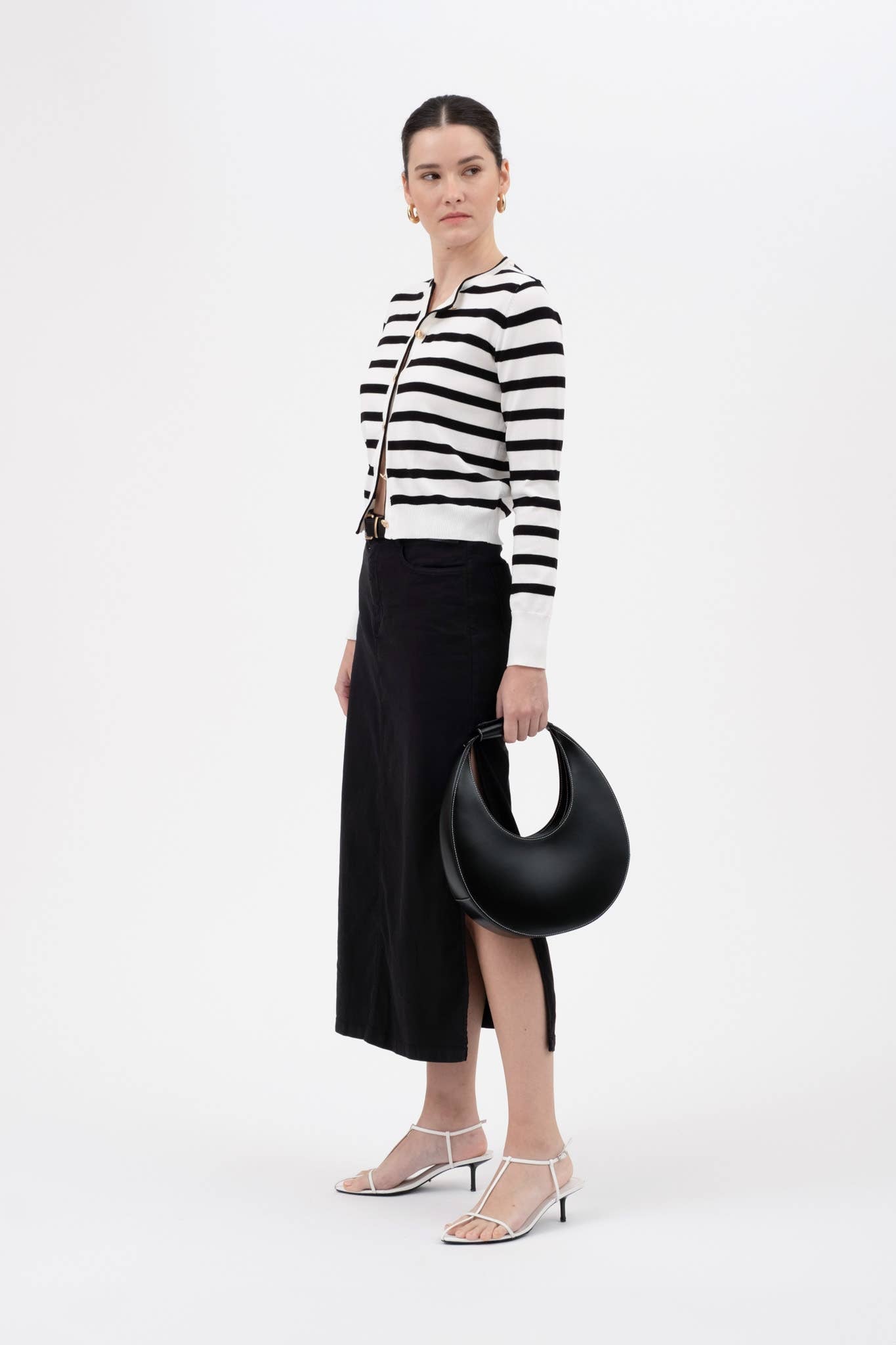STRIPE ROUND NECK LONG SLEEVE BUTTON DOWN CARDIGAN: IVORY