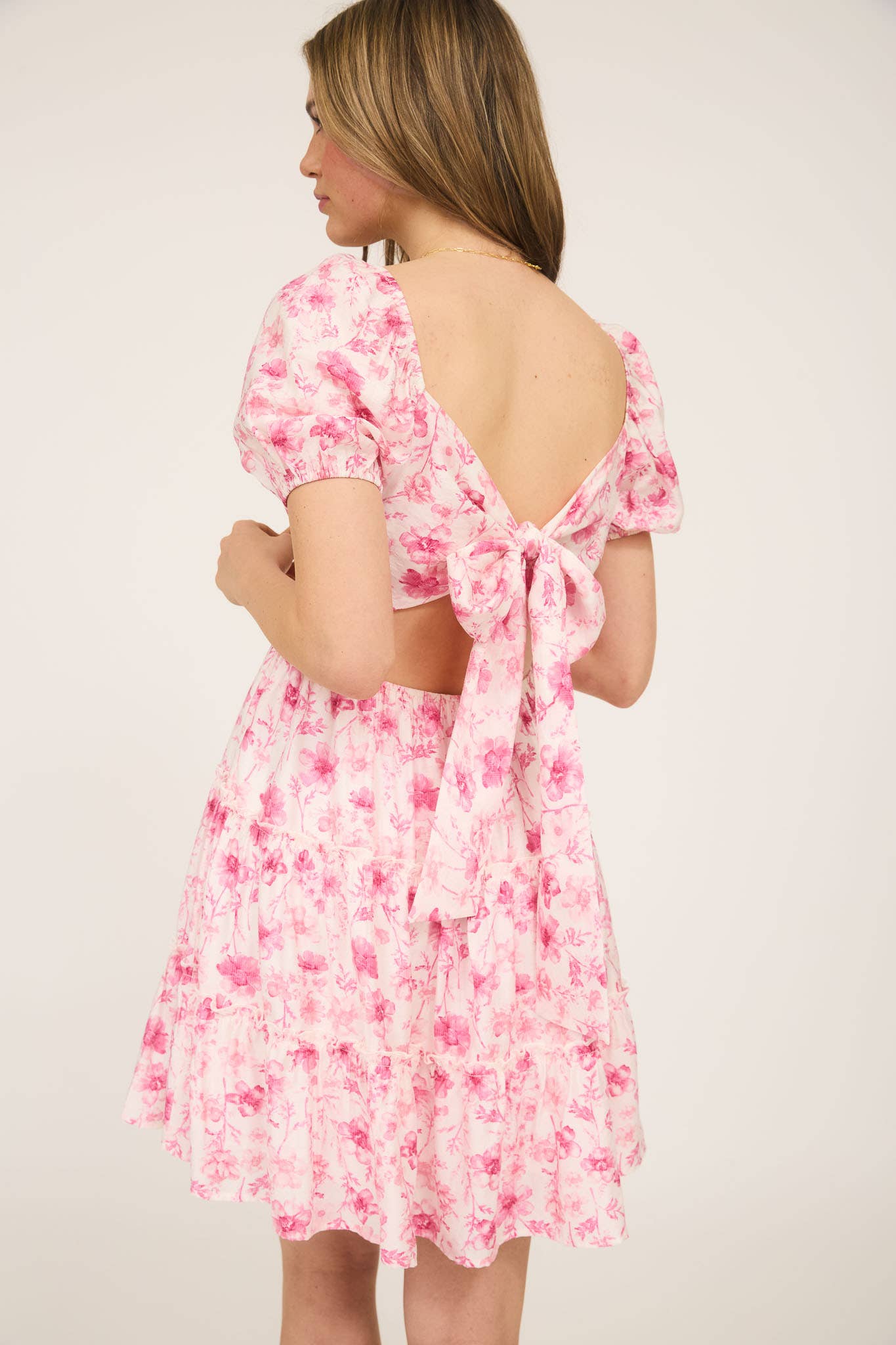FLORAL OPEN BACK WITH TIE TIERED MINI DRESS: PINK