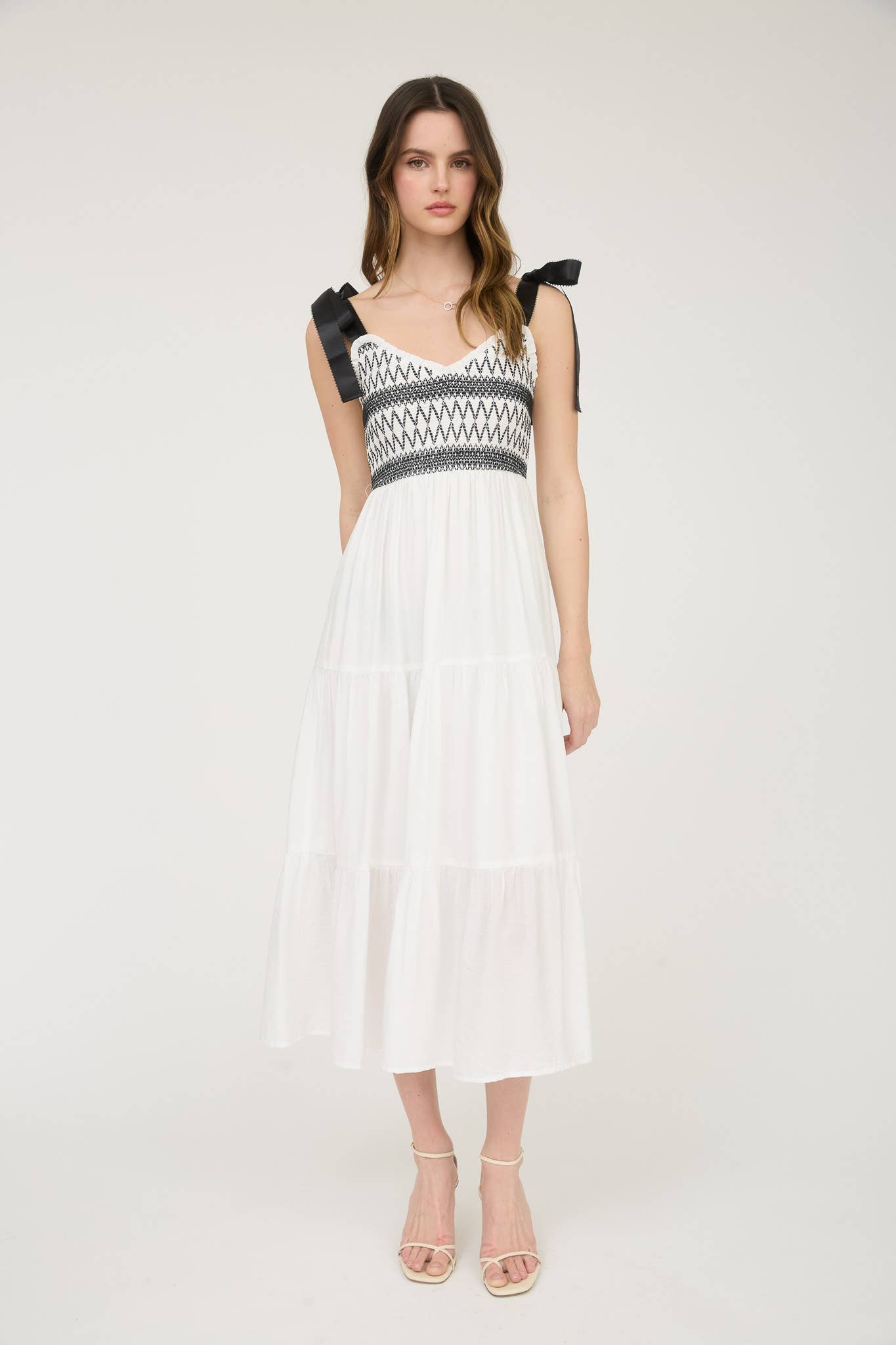 EMBROIDERED DETAIL RIBBON STRAP TIERED MAXI DRESS WHITE