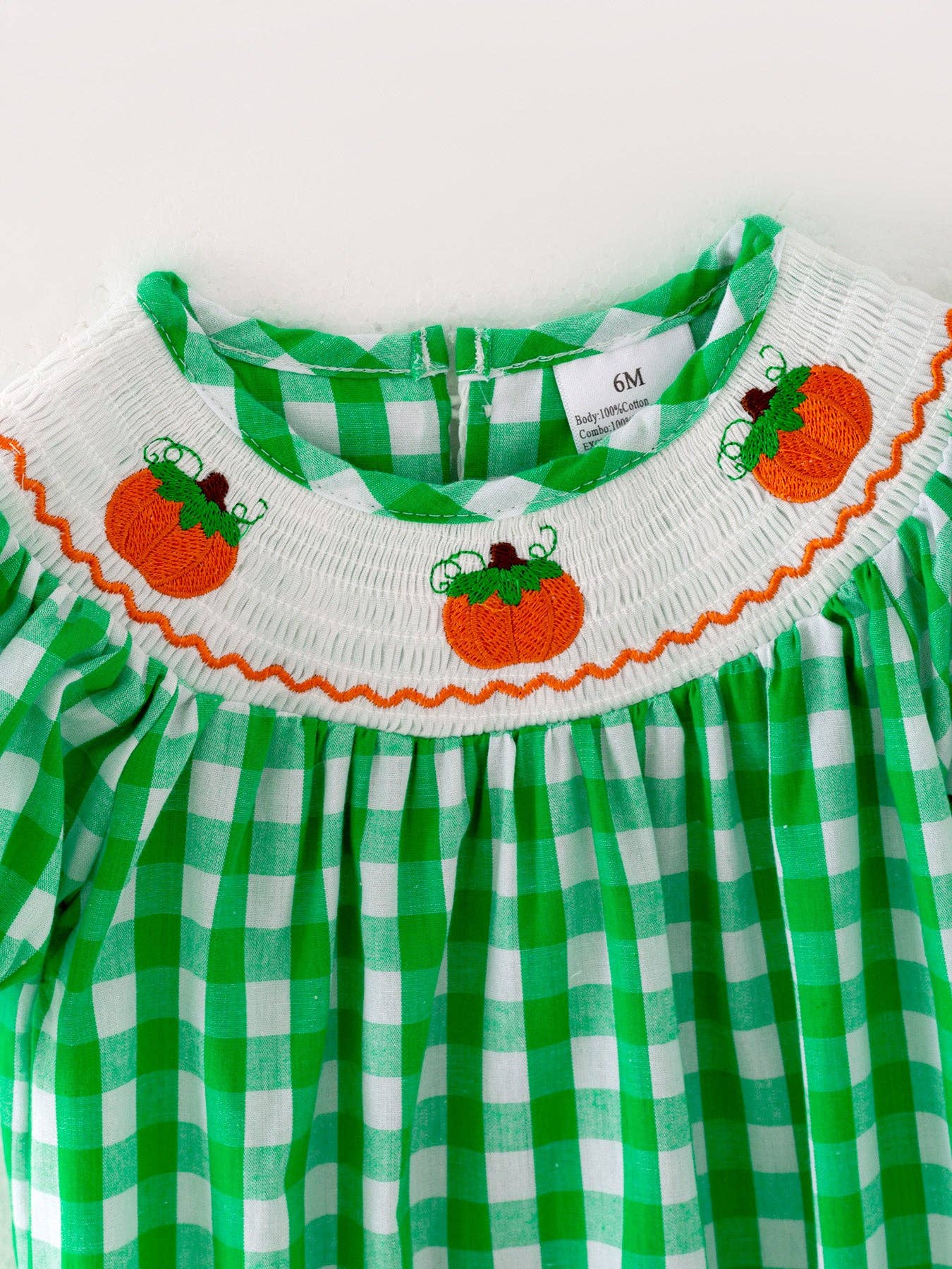 Pumpkin Green Baby Girls Woven Smocking Embroidered Plaid Romper