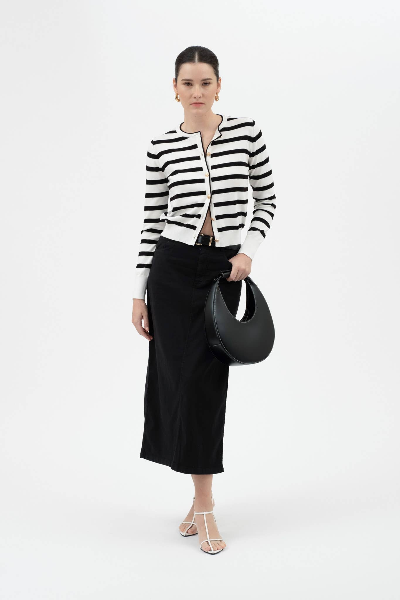 STRIPE ROUND NECK LONG SLEEVE BUTTON DOWN CARDIGAN: IVORY