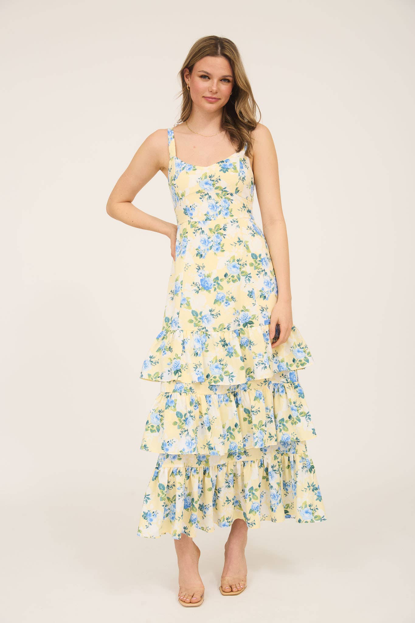 FLORAL SLEEVELESS RUFFLE TIERED HEM MIDI DRESS: YELLOW MULTI
