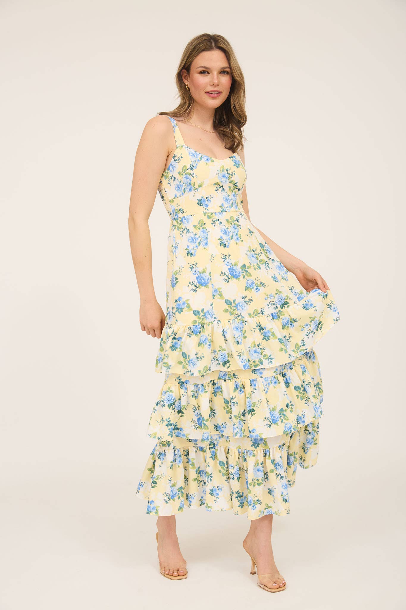 FLORAL SLEEVELESS RUFFLE TIERED HEM MIDI DRESS: YELLOW MULTI