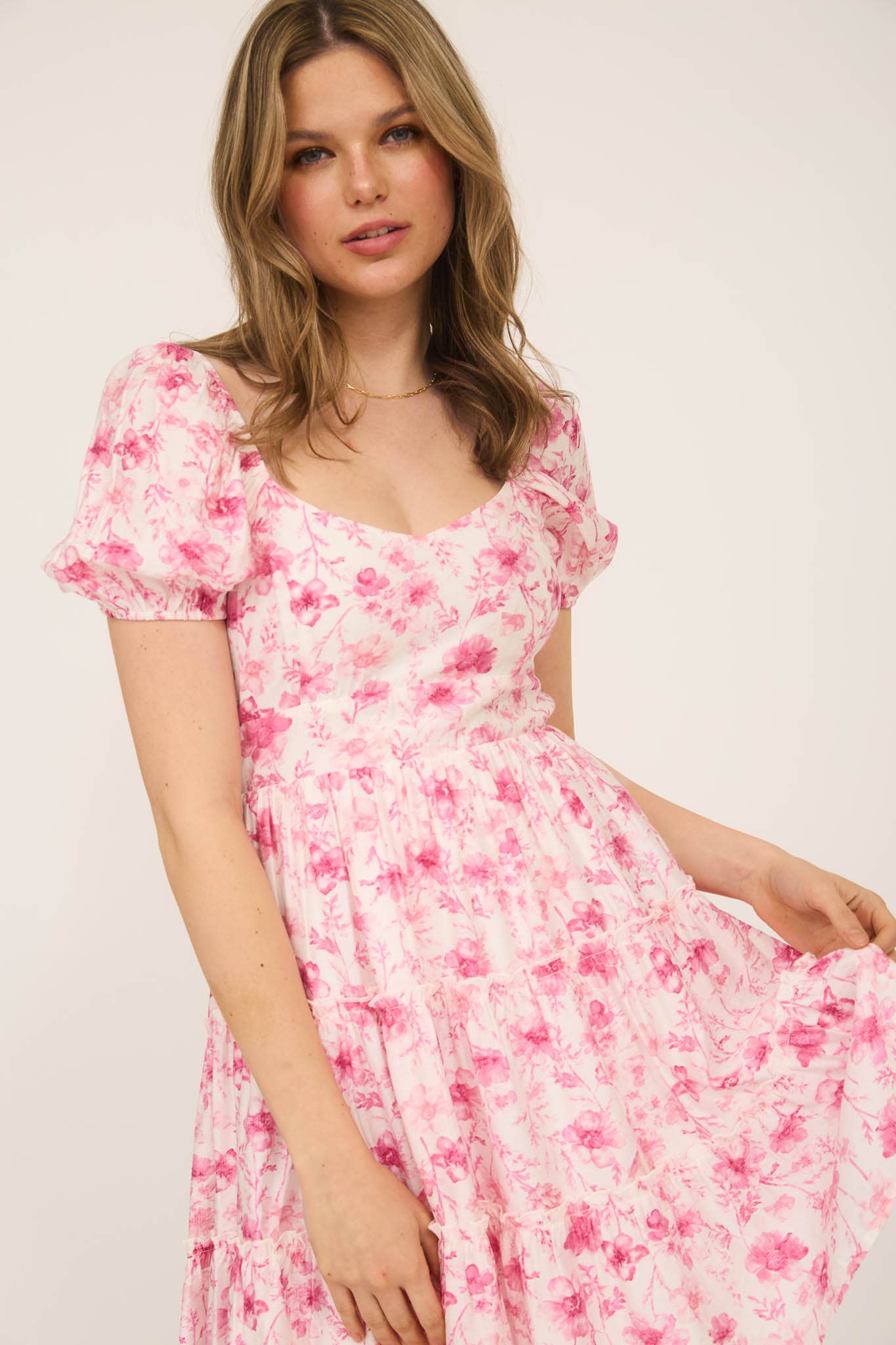 FLORAL OPEN BACK WITH TIE TIERED MINI DRESS: PINK