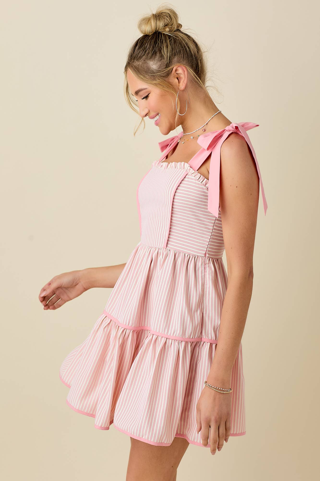 Stripe mini dress with ribbon shoulder strap