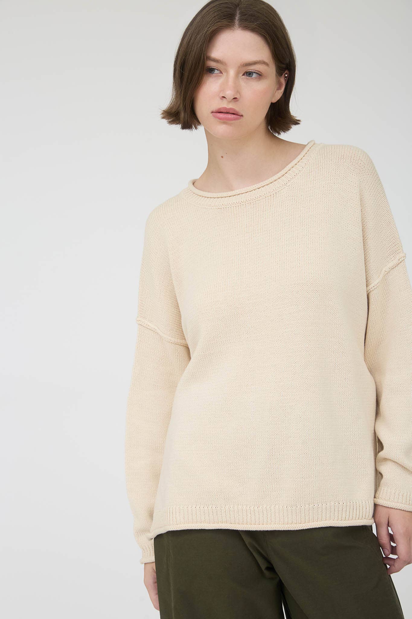 RAW EDGE EXTENDED SHOULDER LONG SLEEVE SWEATER