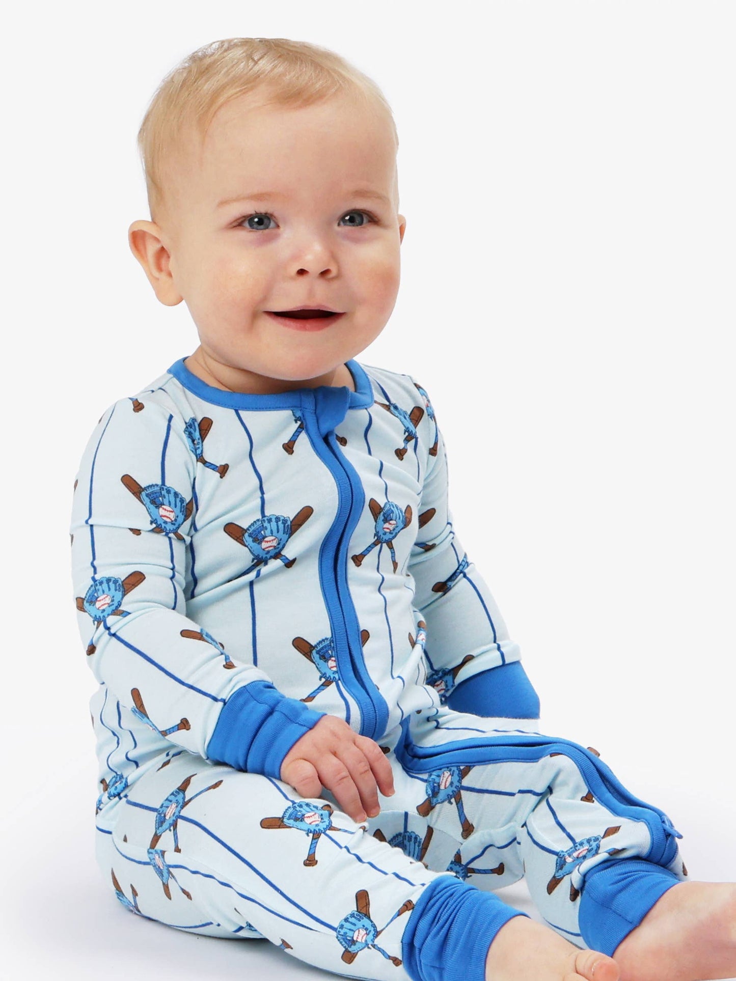 SoftSnooze™ Baby Bamboo Viscose Blue Batter Up Baseball Convertible One Piece Footie Pajama: Blue